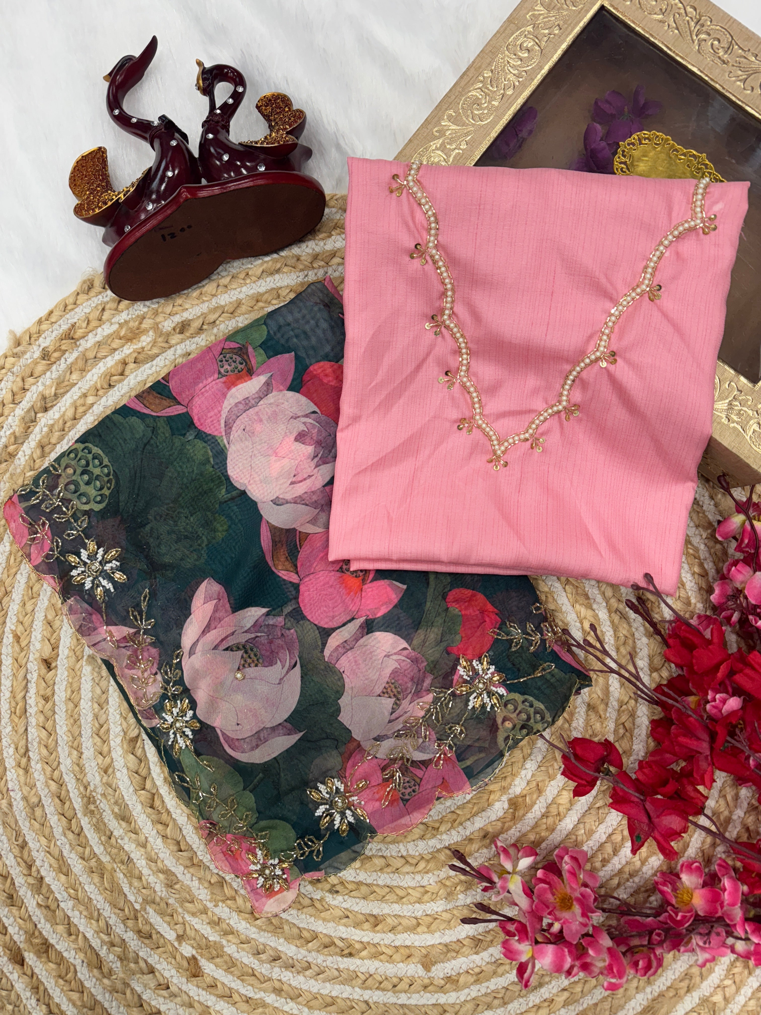 Party Wear Beautiful Saree With Floral Print And Pearls Handwork