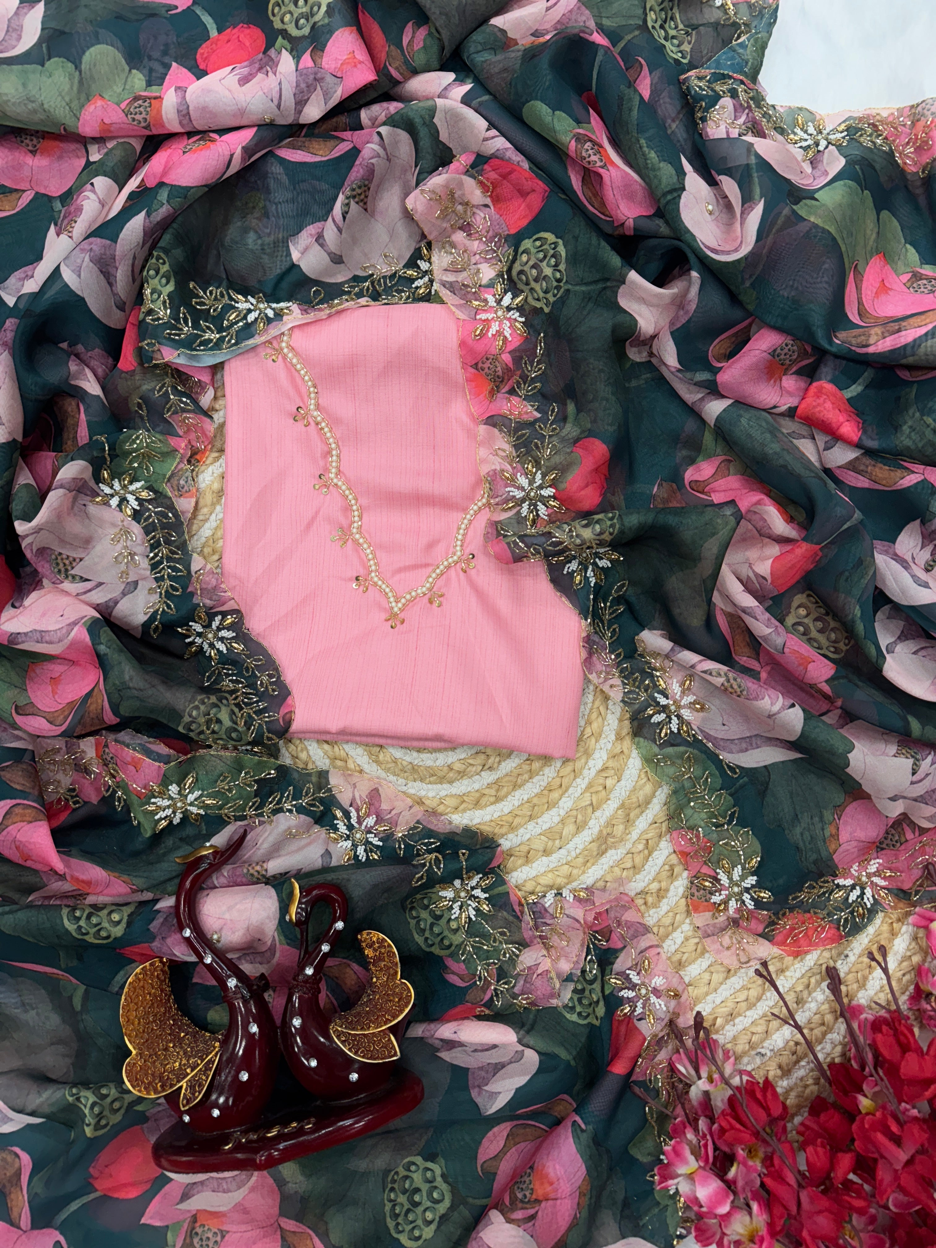 Party Wear Beautiful Saree With Floral Print And Pearls Handwork