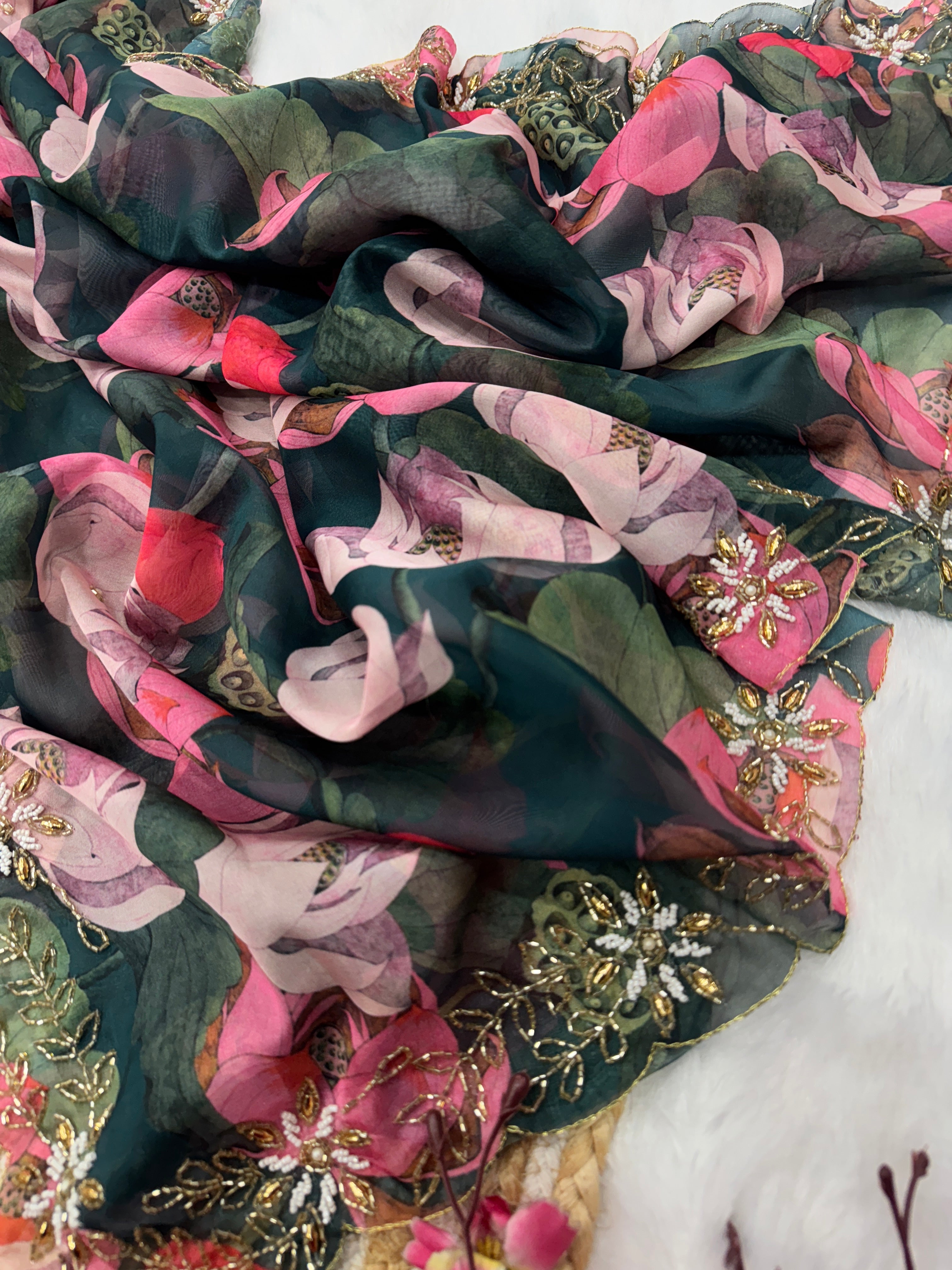 Party Wear Beautiful Saree With Floral Print And Pearls Handwork