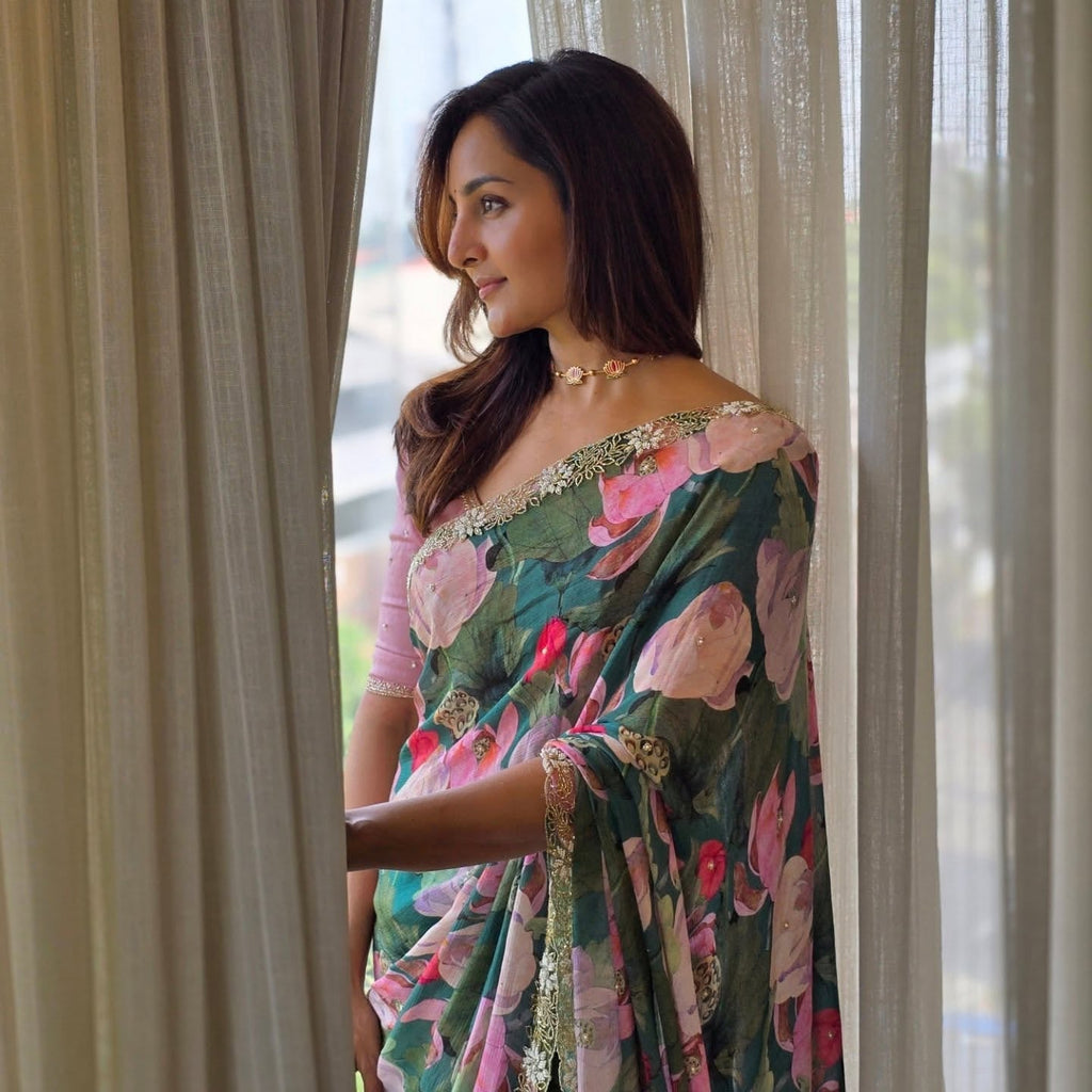Party Wear Beautiful Saree With Floral Print And Pearls Handwork