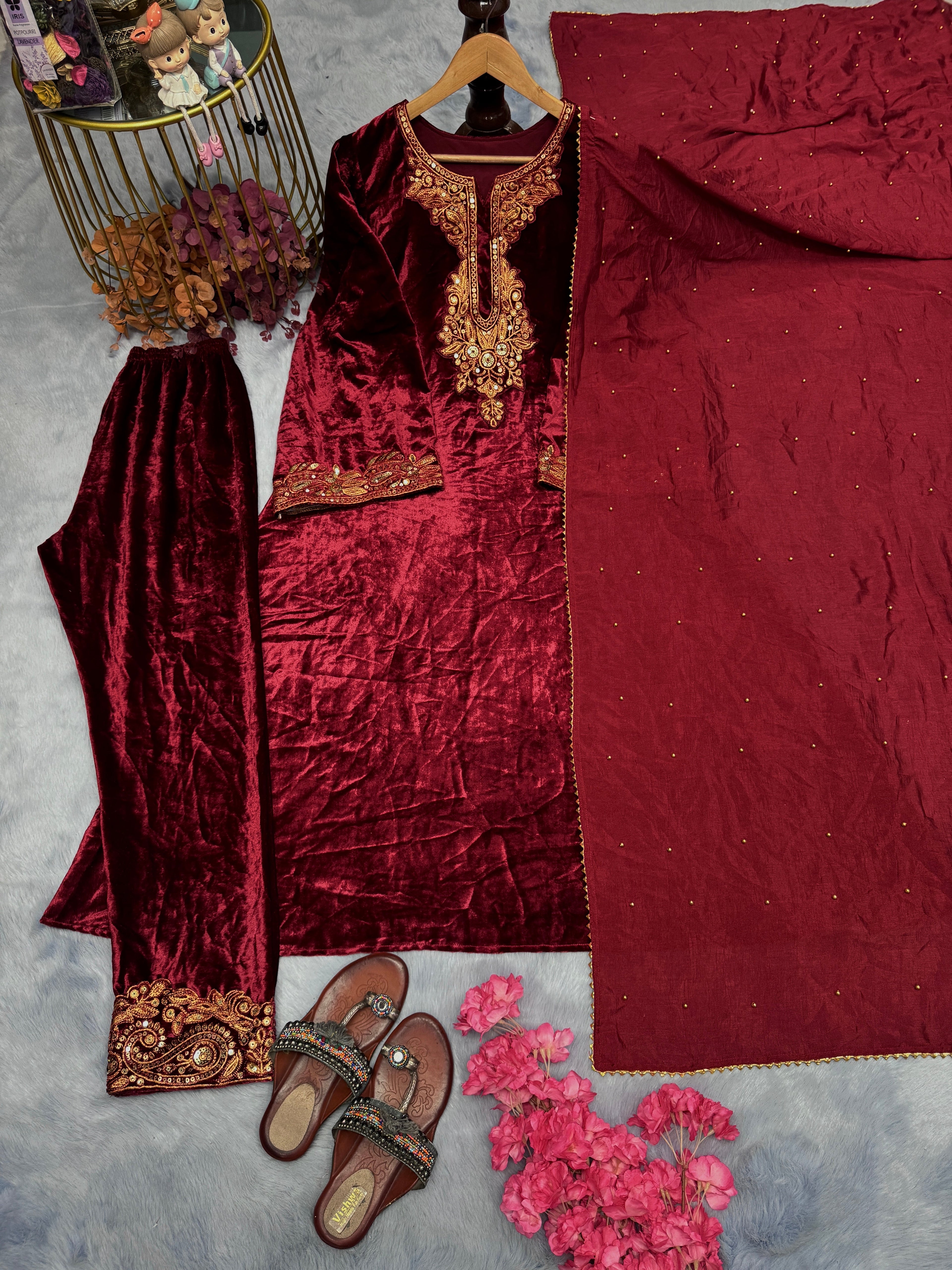 Party Wear Look Heavy Pure Viscose Velvet Top Bottom &amp; Dupatta Set