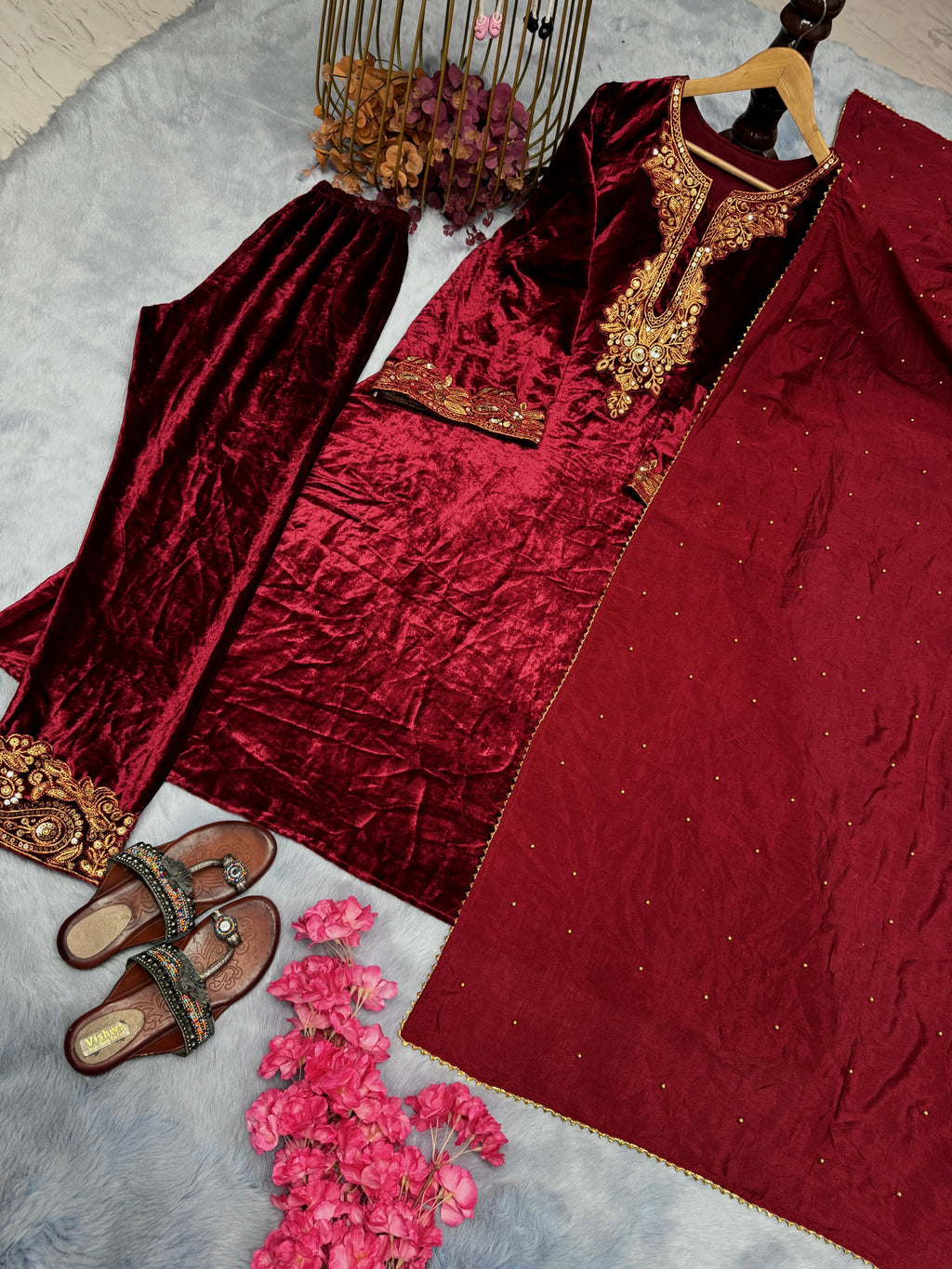 Party Wear Look Heavy Pure Viscose Velvet Top Bottom &amp; Dupatta Set
