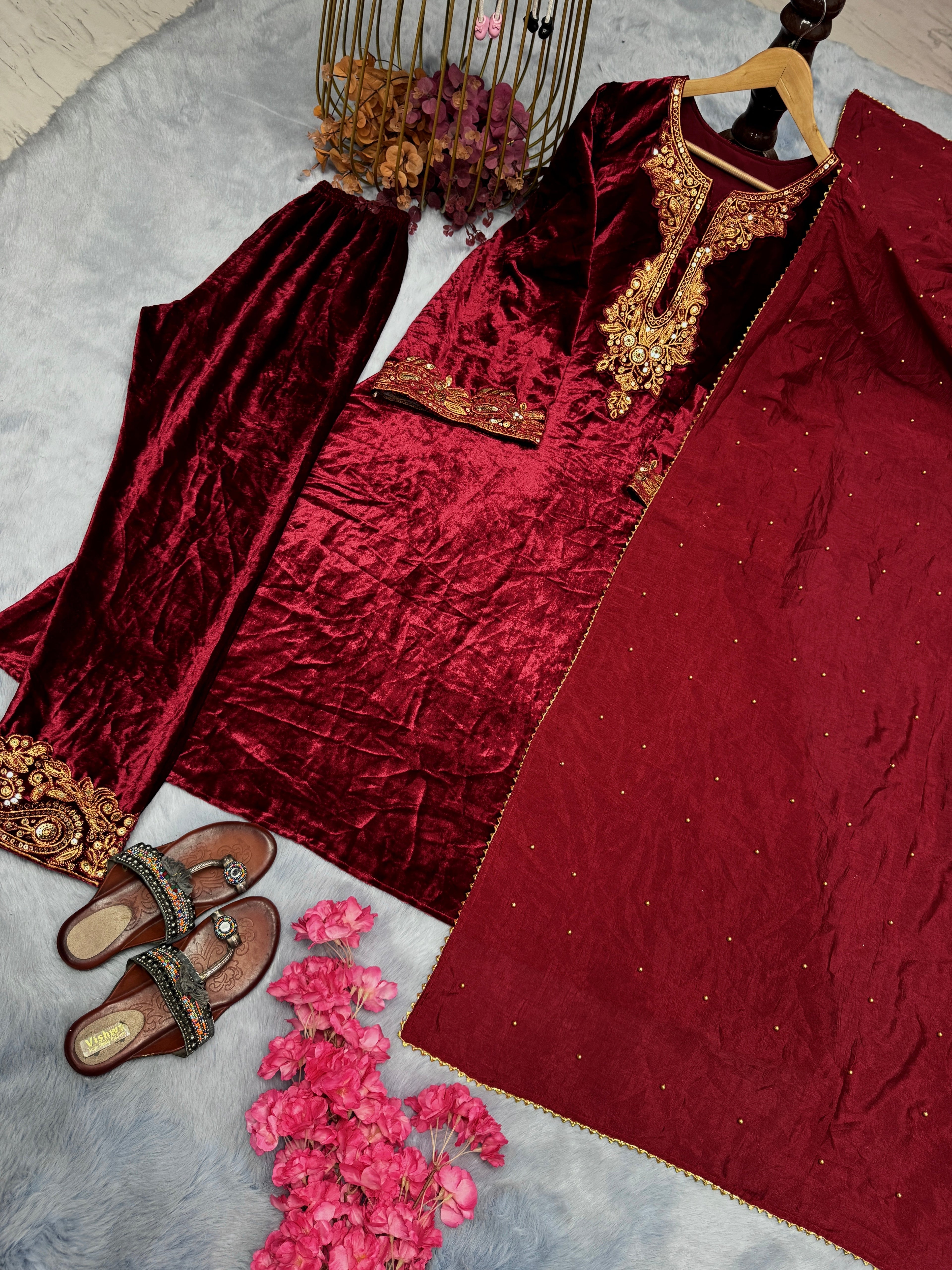 Party Wear Look Heavy Pure Viscose Velvet Top Bottom &amp; Dupatta Set