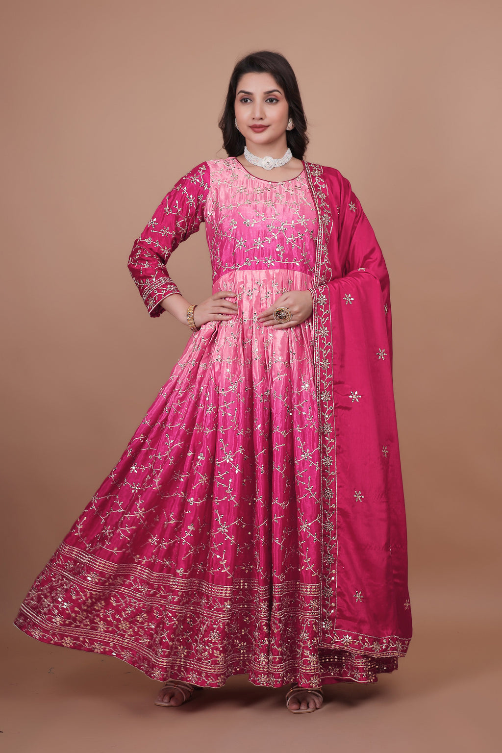 Party Wear Long Gown And Dupatta Set With Embroidery Sequins Work