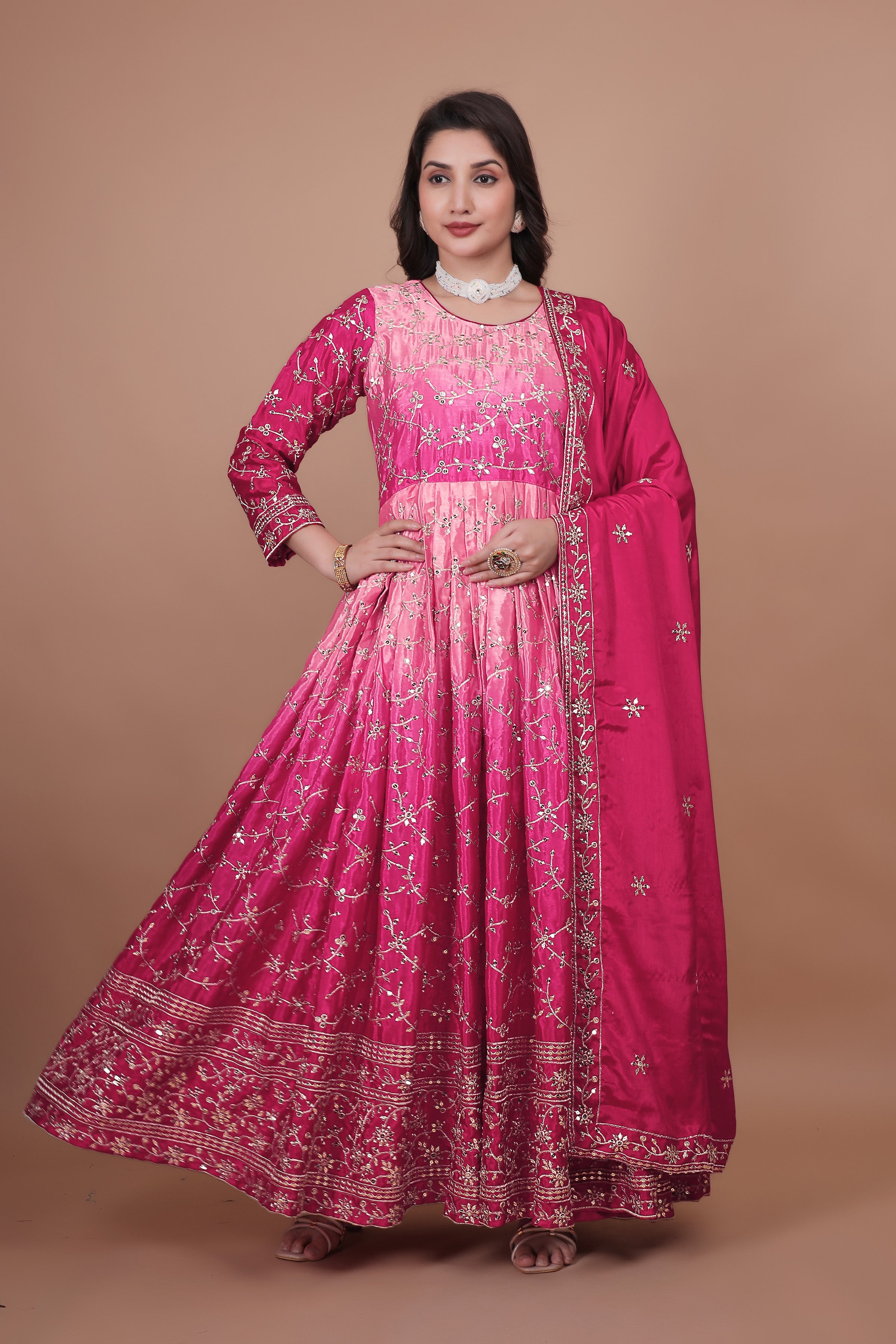 Party Wear Long Gown And Dupatta Set With Embroidery Sequins Work