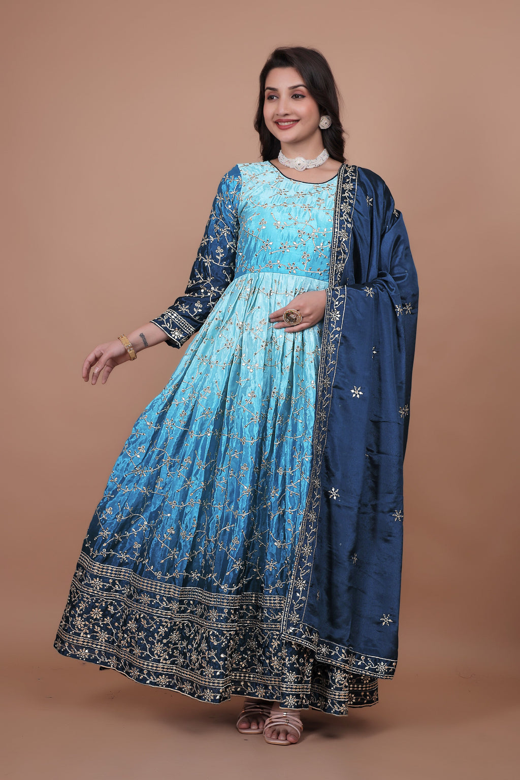 Party Wear Long Gown And Dupatta Set With Embroidery Sequins Work