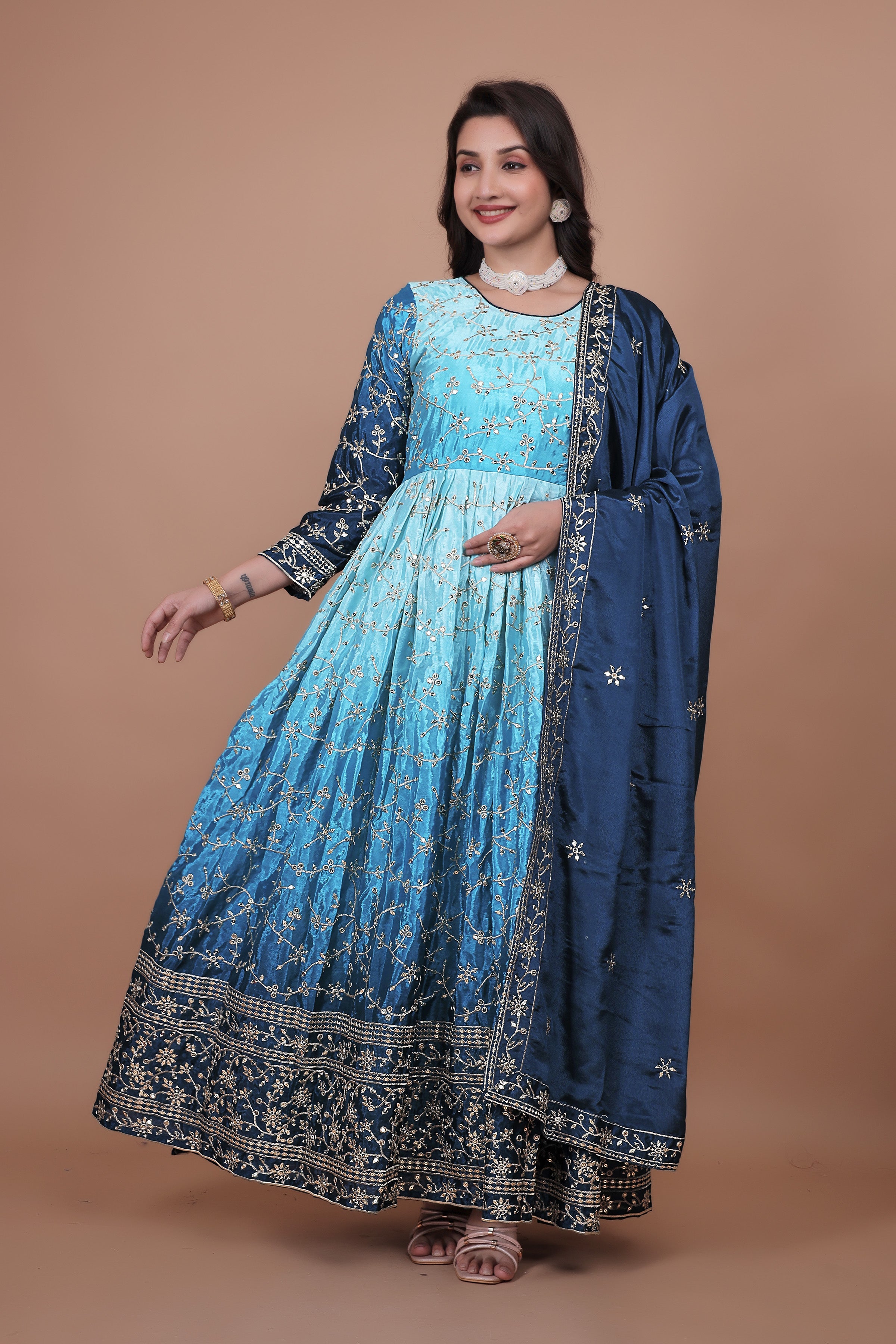 Party Wear Long Gown And Dupatta Set With Embroidery Sequins Work