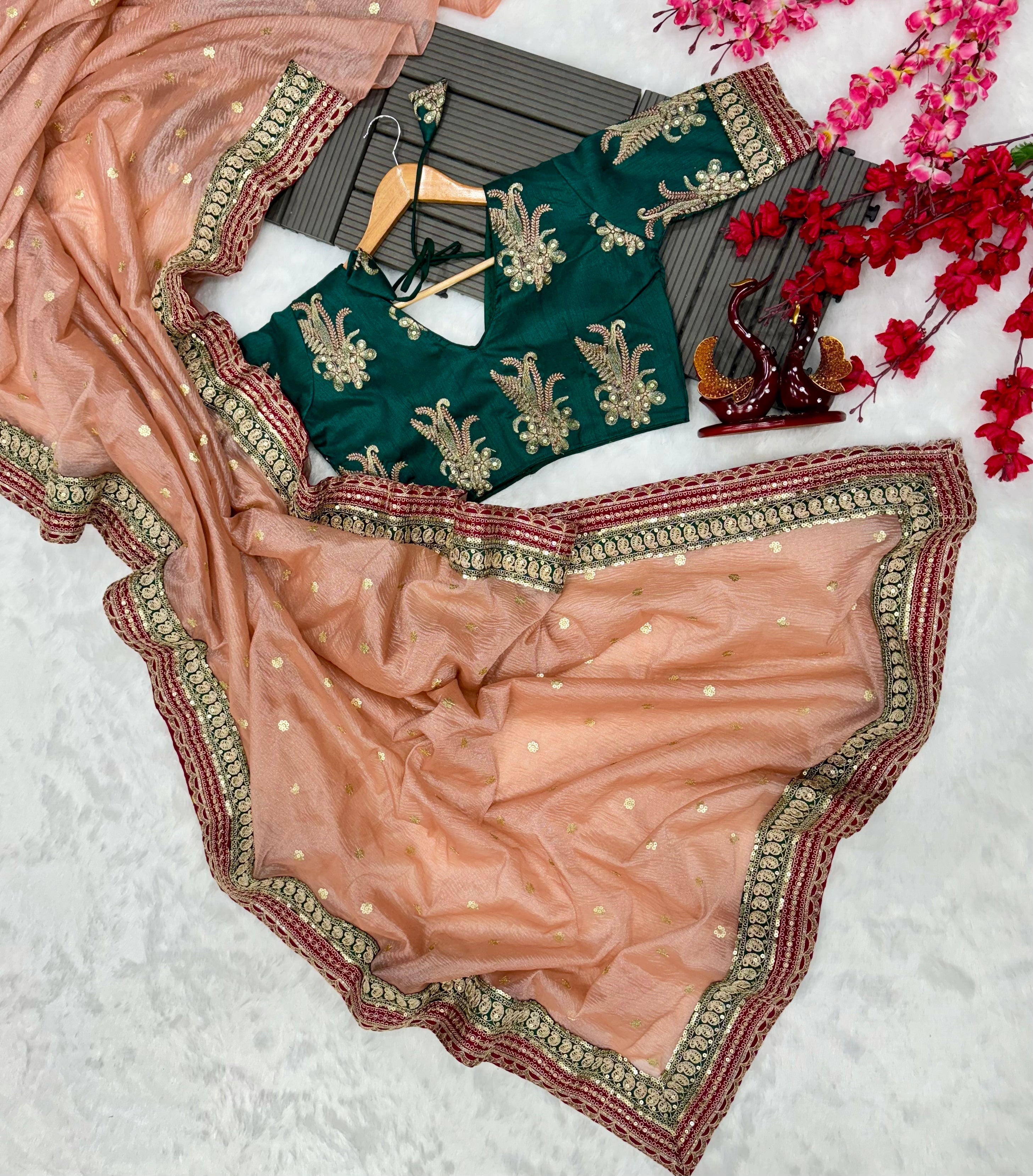 Designer Saree With Sequins And Cording Embroidery Work Lace Border