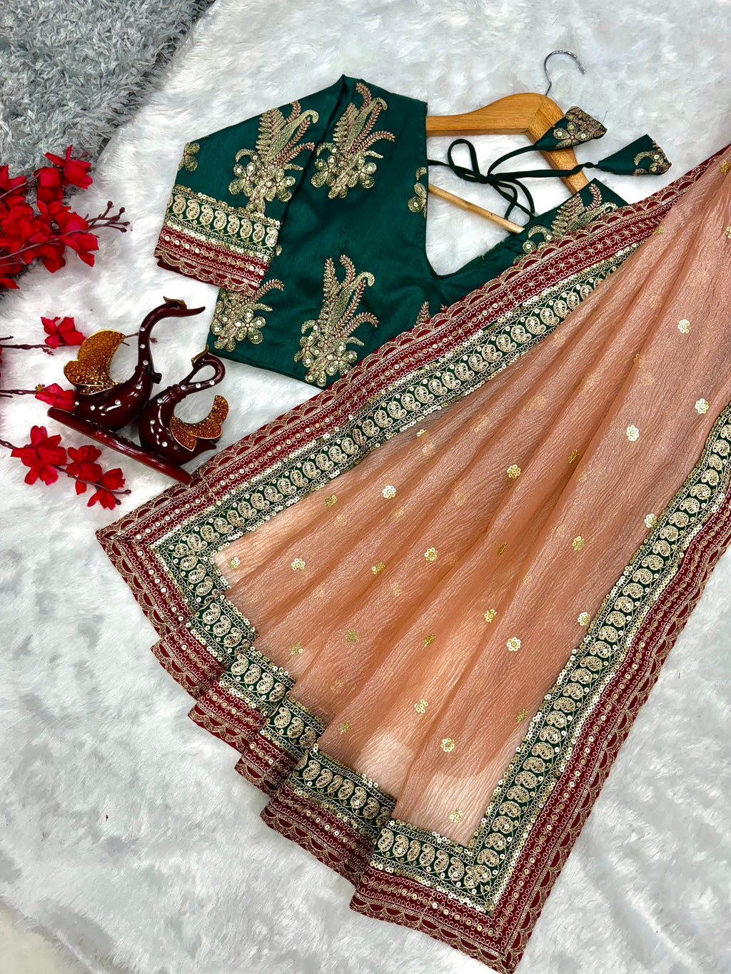 Designer Saree With Sequins And Cording Embroidery Work Lace Border