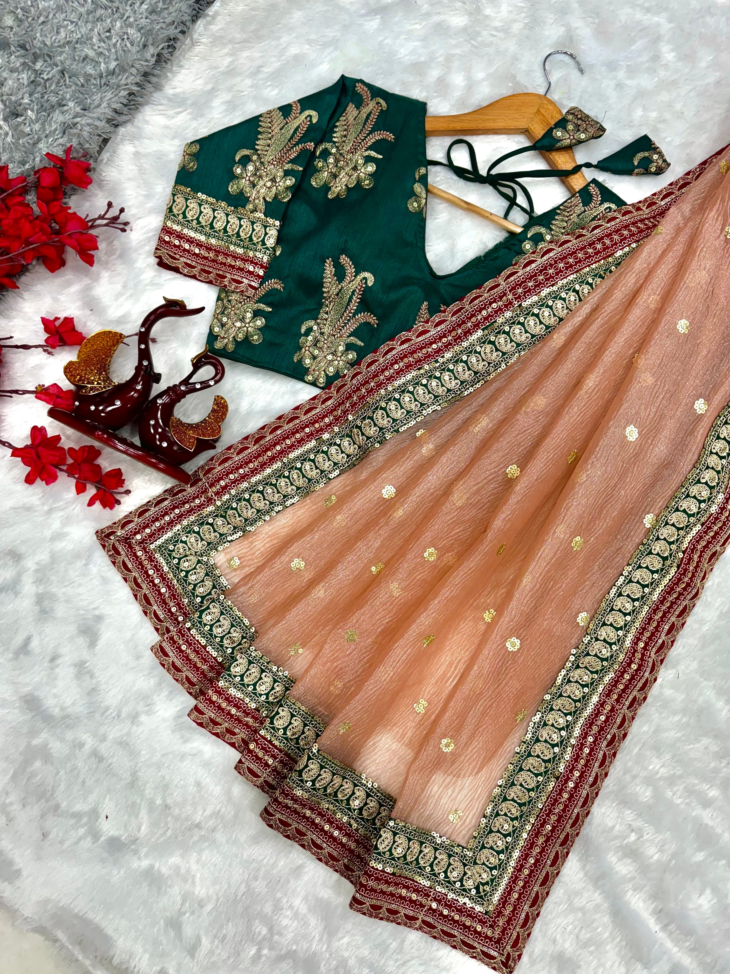 Designer Saree With Sequins And Cording Embroidery Work Lace Border