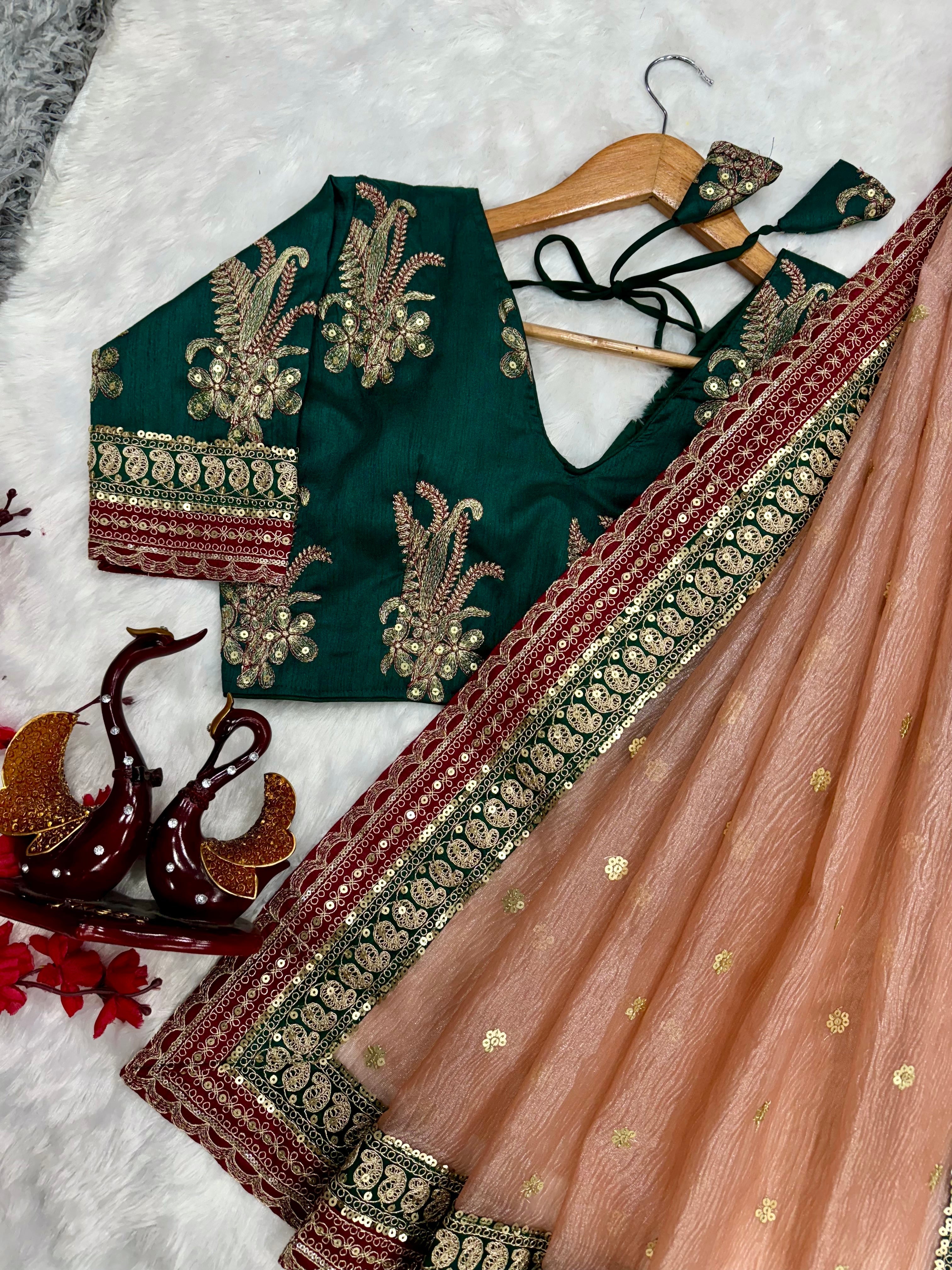 Designer Saree With Sequins And Cording Embroidery Work Lace Border