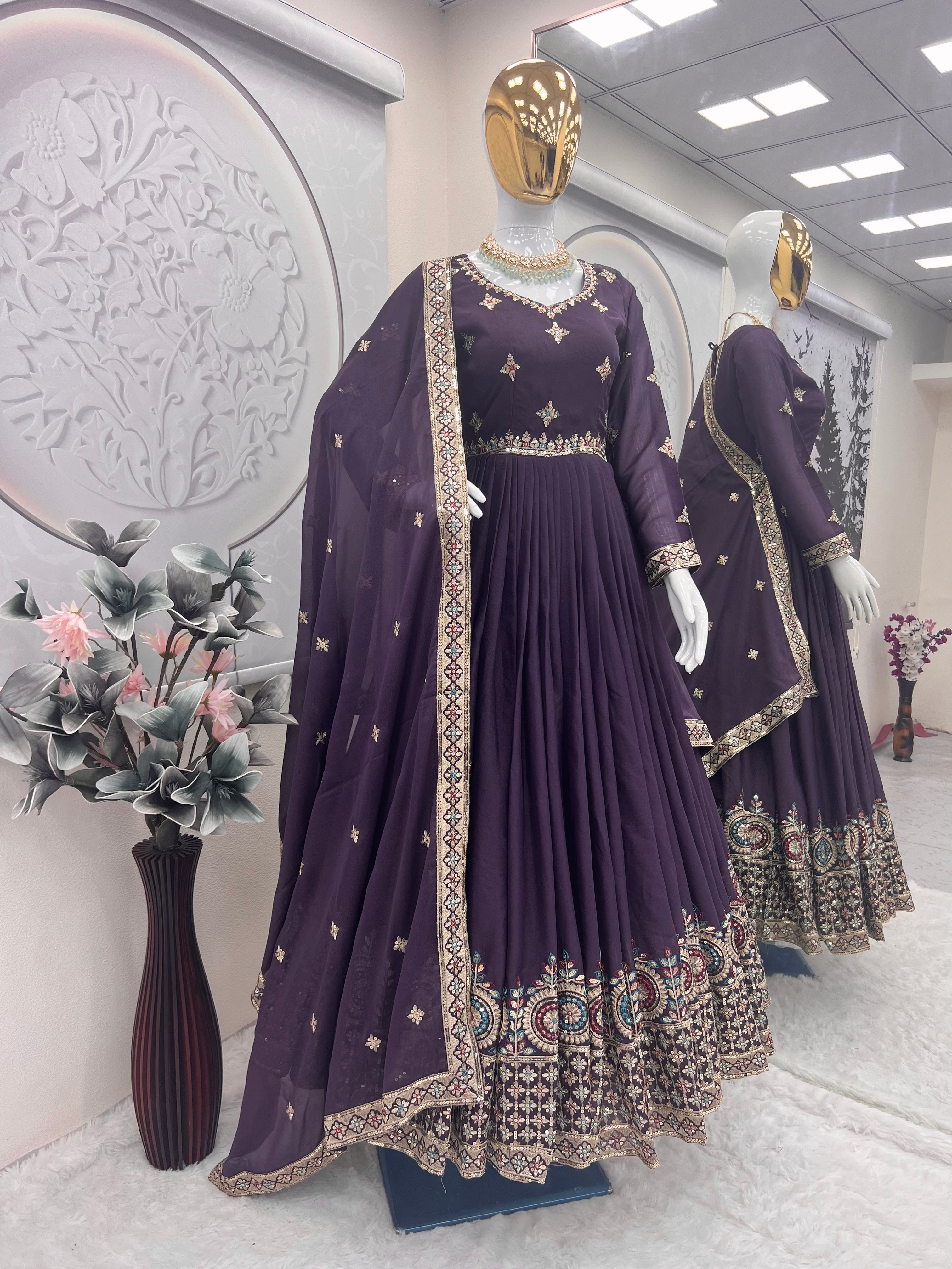 Designer Party Wear Look Gown With Embroidery Threads & Sequins Work