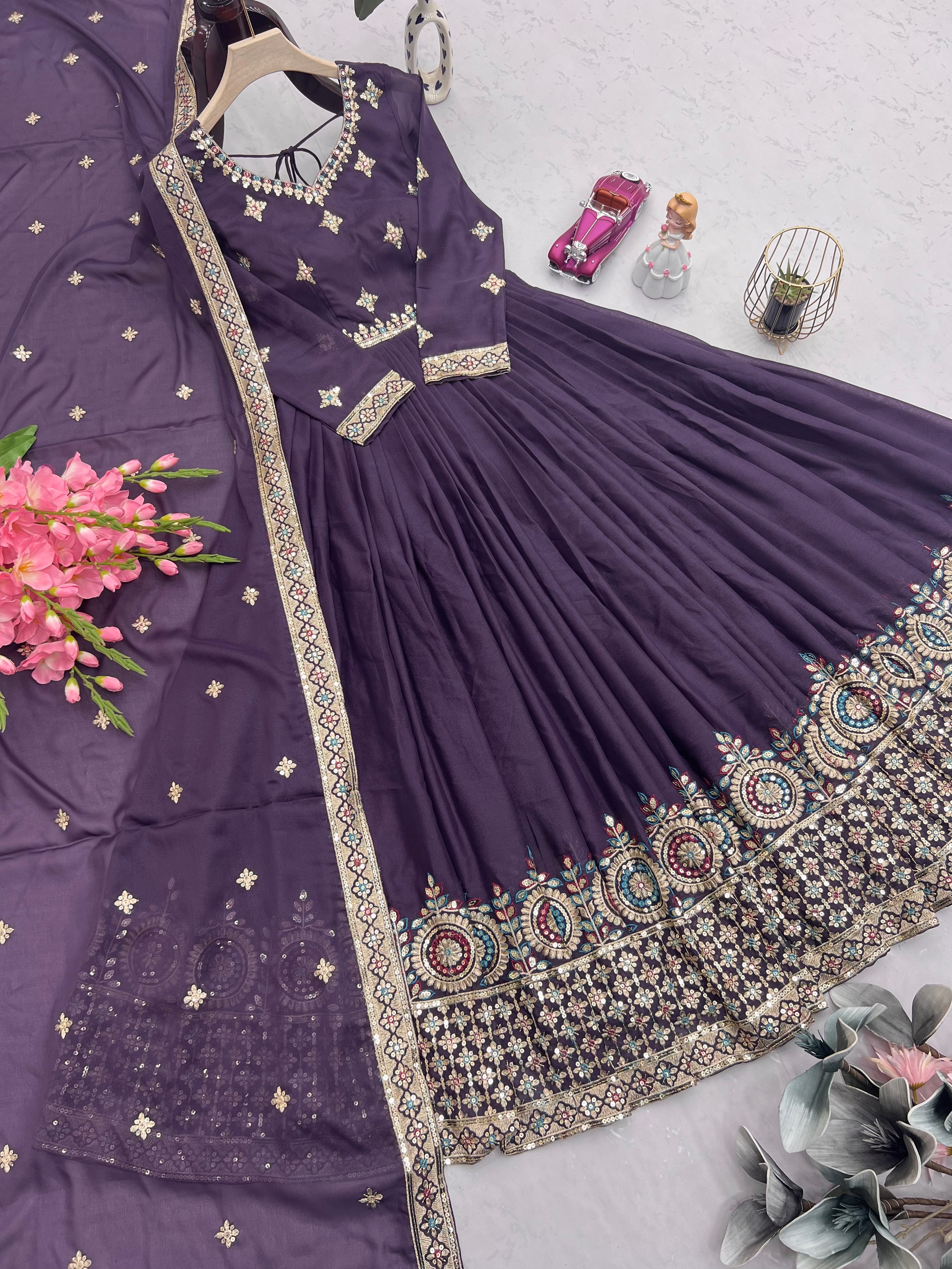 Designer Gown And Dupatta With Embroidery Threads & Sequins Work