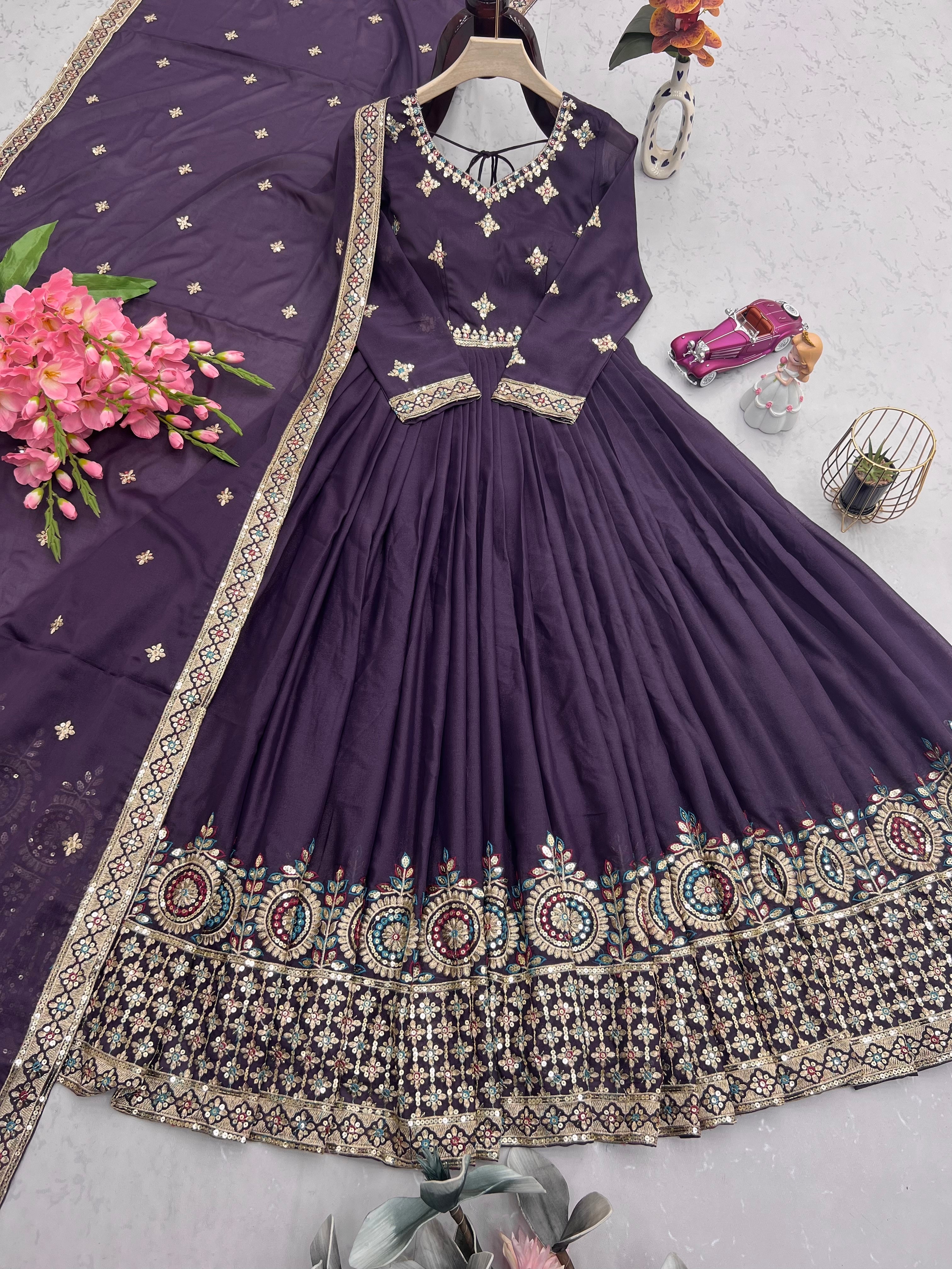 Designer Gown And Dupatta With Embroidery Threads & Sequins Work