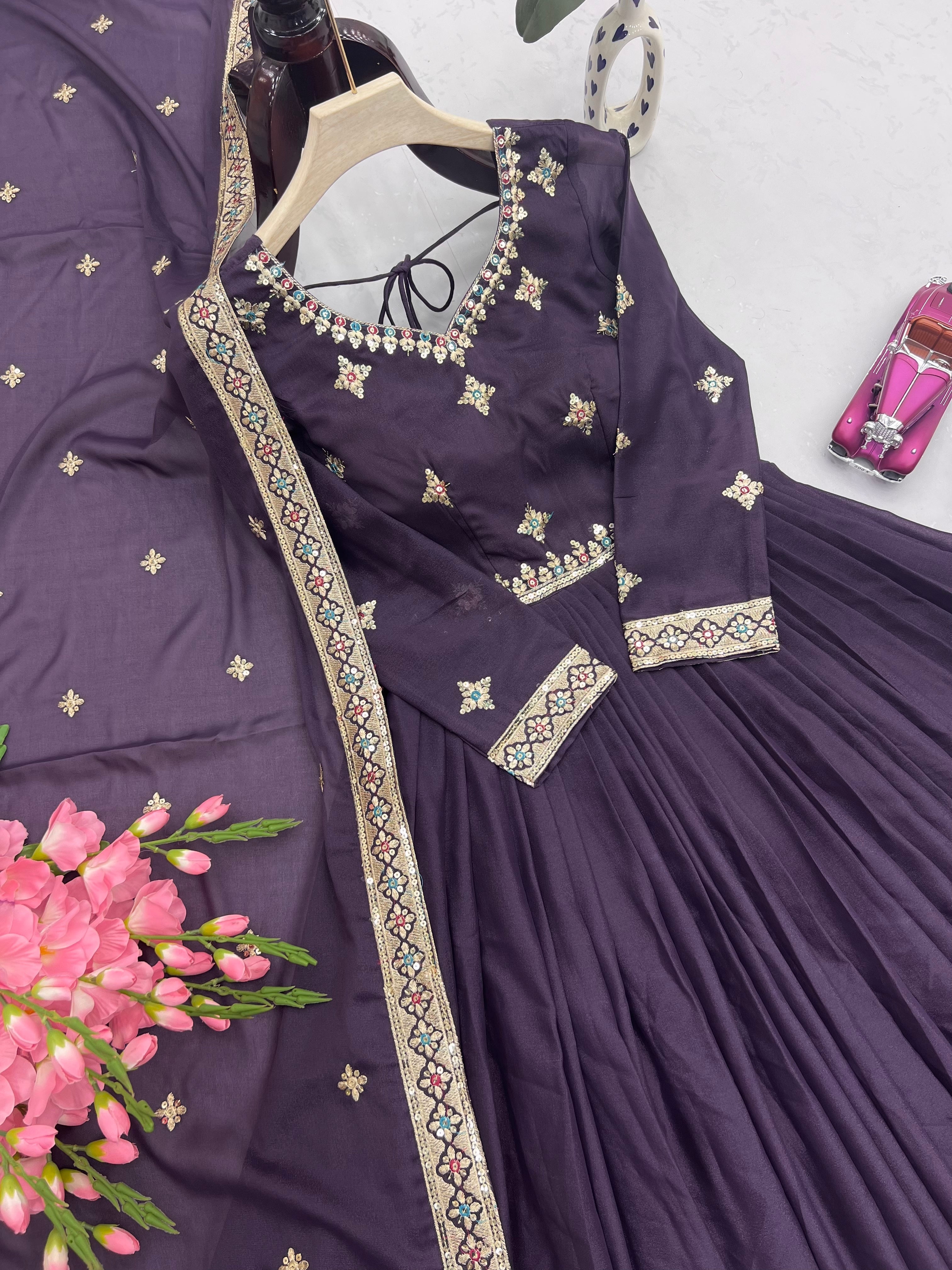 Designer Party Wear Look Gown With Embroidery Threads & Sequins Work