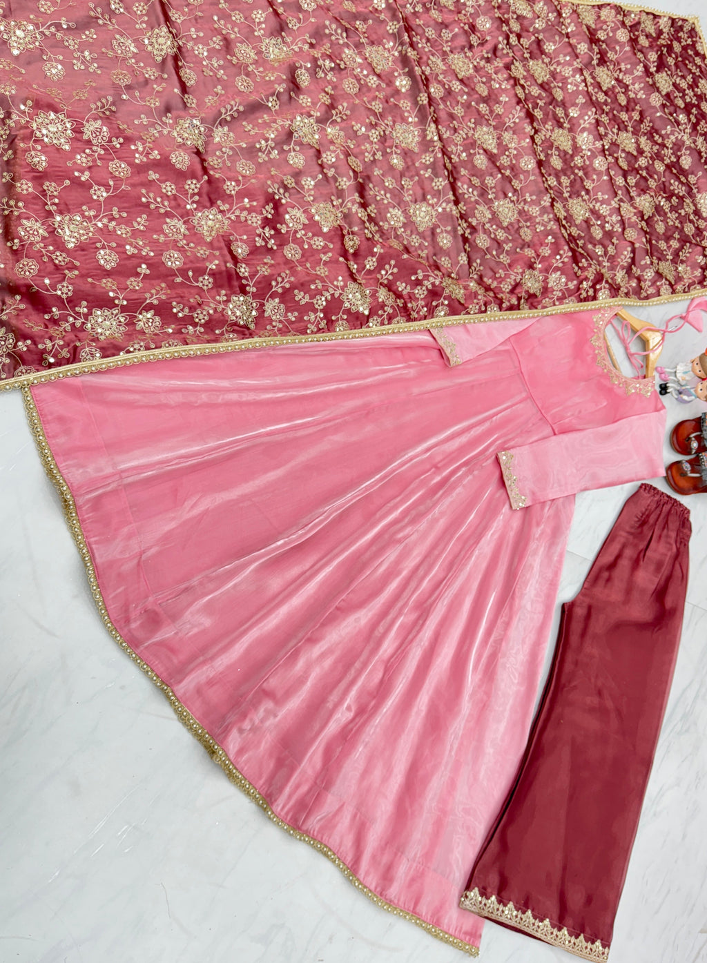 Party Wear Anarkali Gown, Dupatta & Plazzo Set