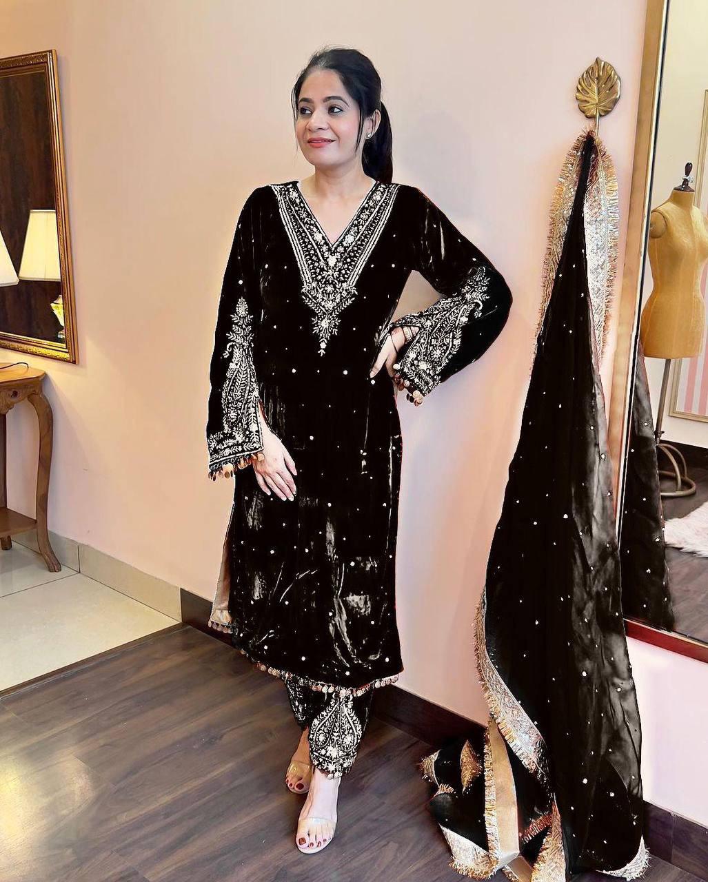 Designer Party Wear Look Heavy Pure Viscose Velvet Top Plazzo &amp; Dupatta Set
