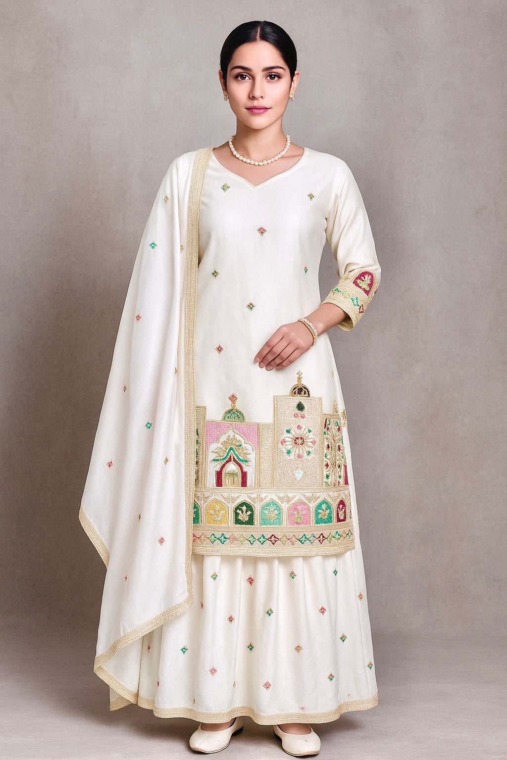 मल्टी सुई सेक्विन कढ़ाई काम के साथ डिजाइनर सूट सेट।