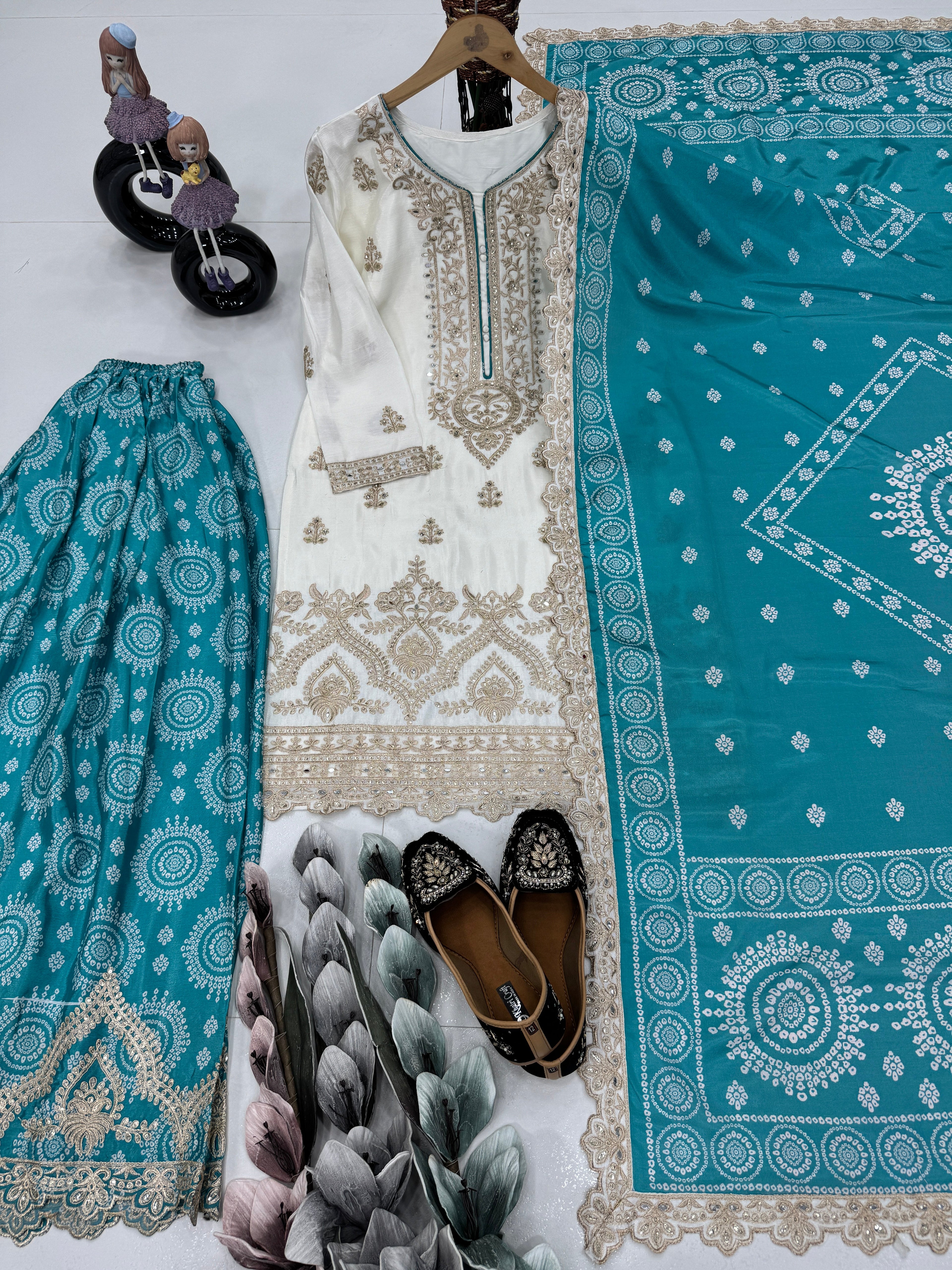 Beautiful Party Wear Top Sharara And Dupatta With Real Mirror Hand Work