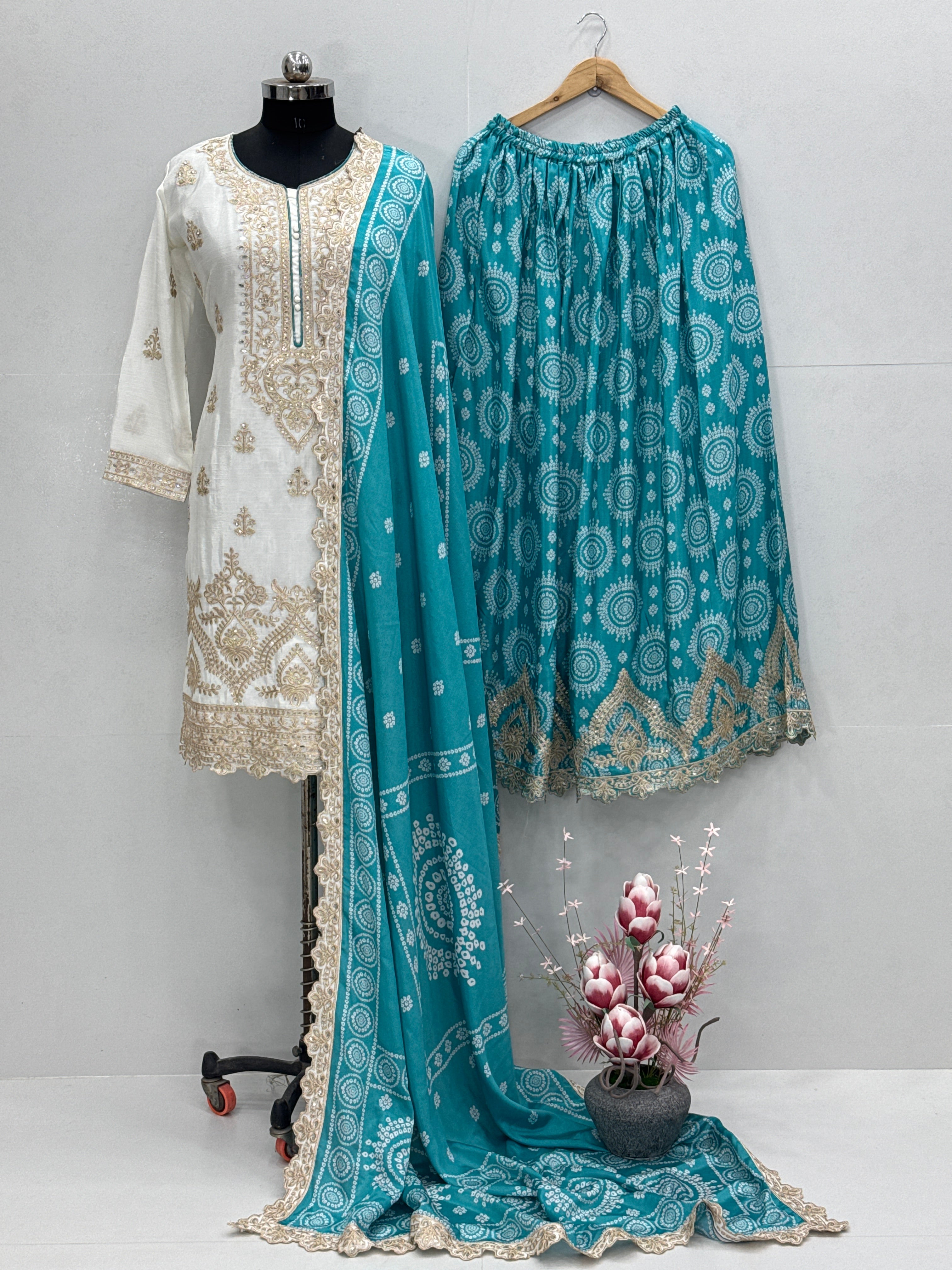 Beautiful Party Wear Top Sharara And Dupatta With Real Mirror Hand Work