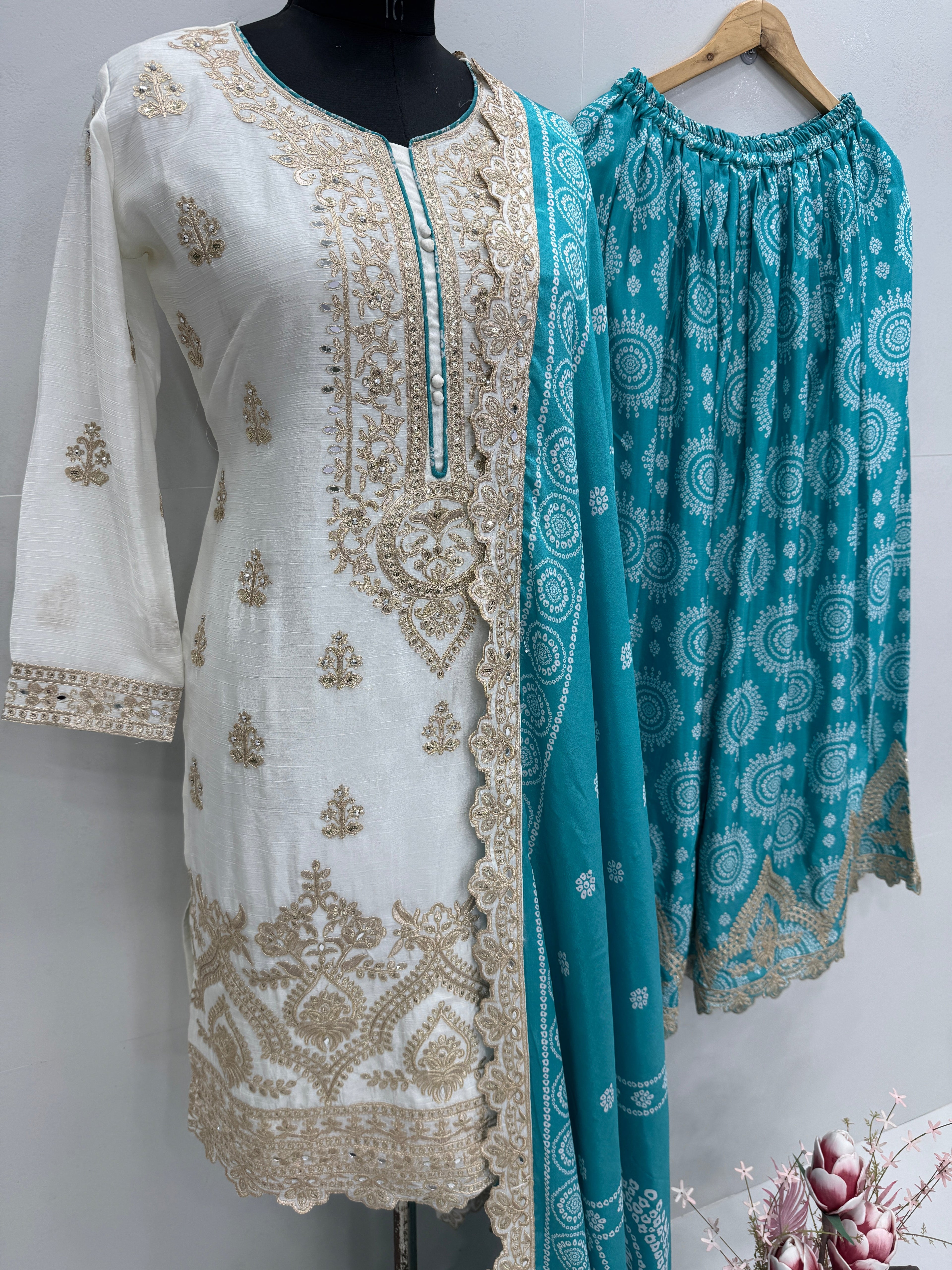 Beautiful Party Wear Top Sharara And Dupatta With Real Mirror Hand Work