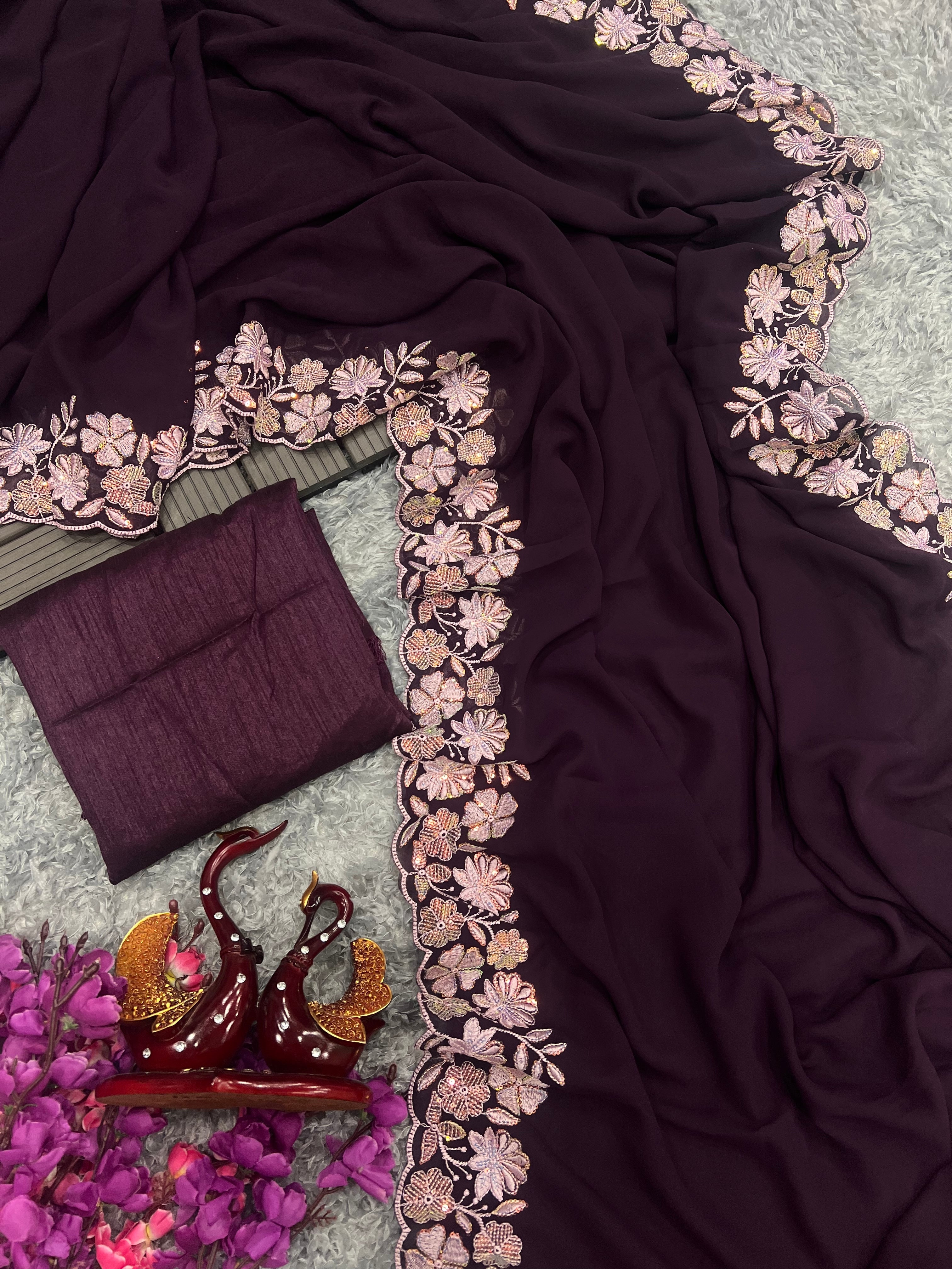 Designer Saree With Sequins And Threads Embroidery work