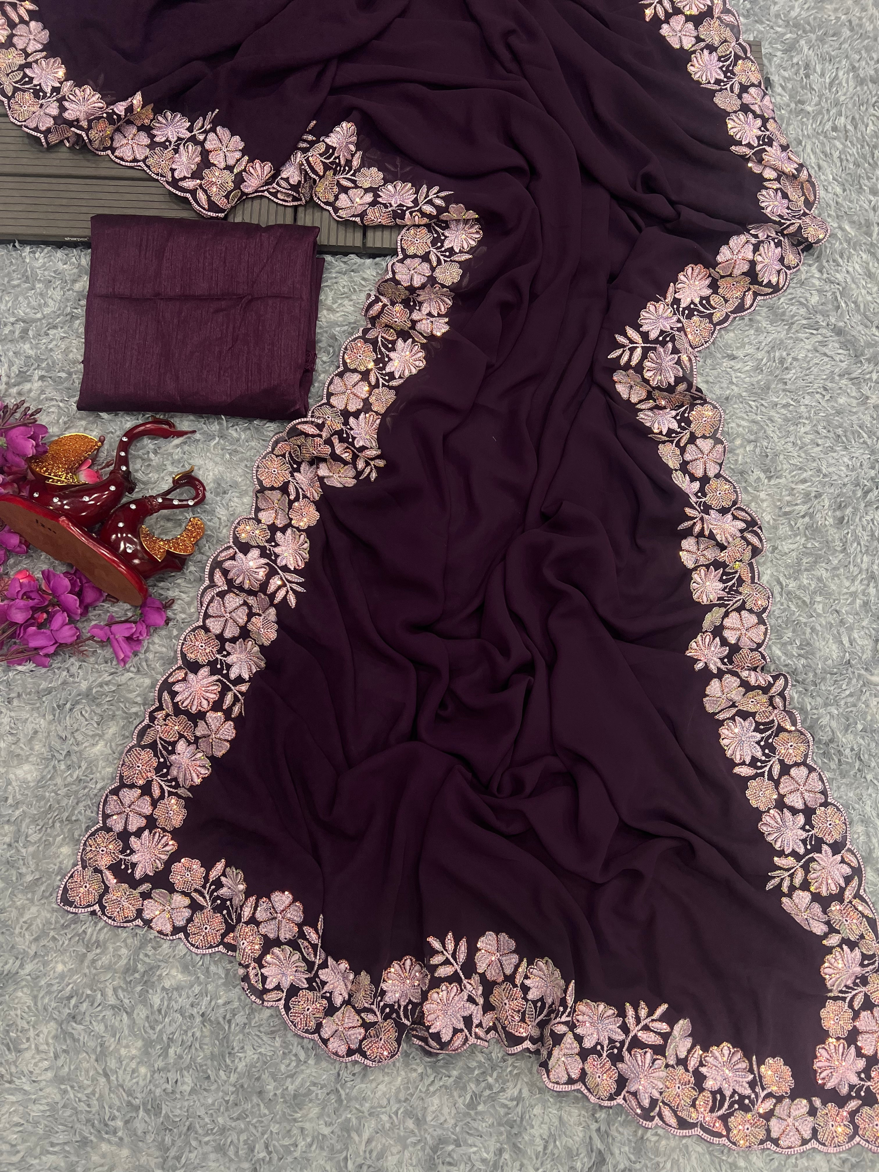 Designer Saree With Sequins And Threads Embroidery work