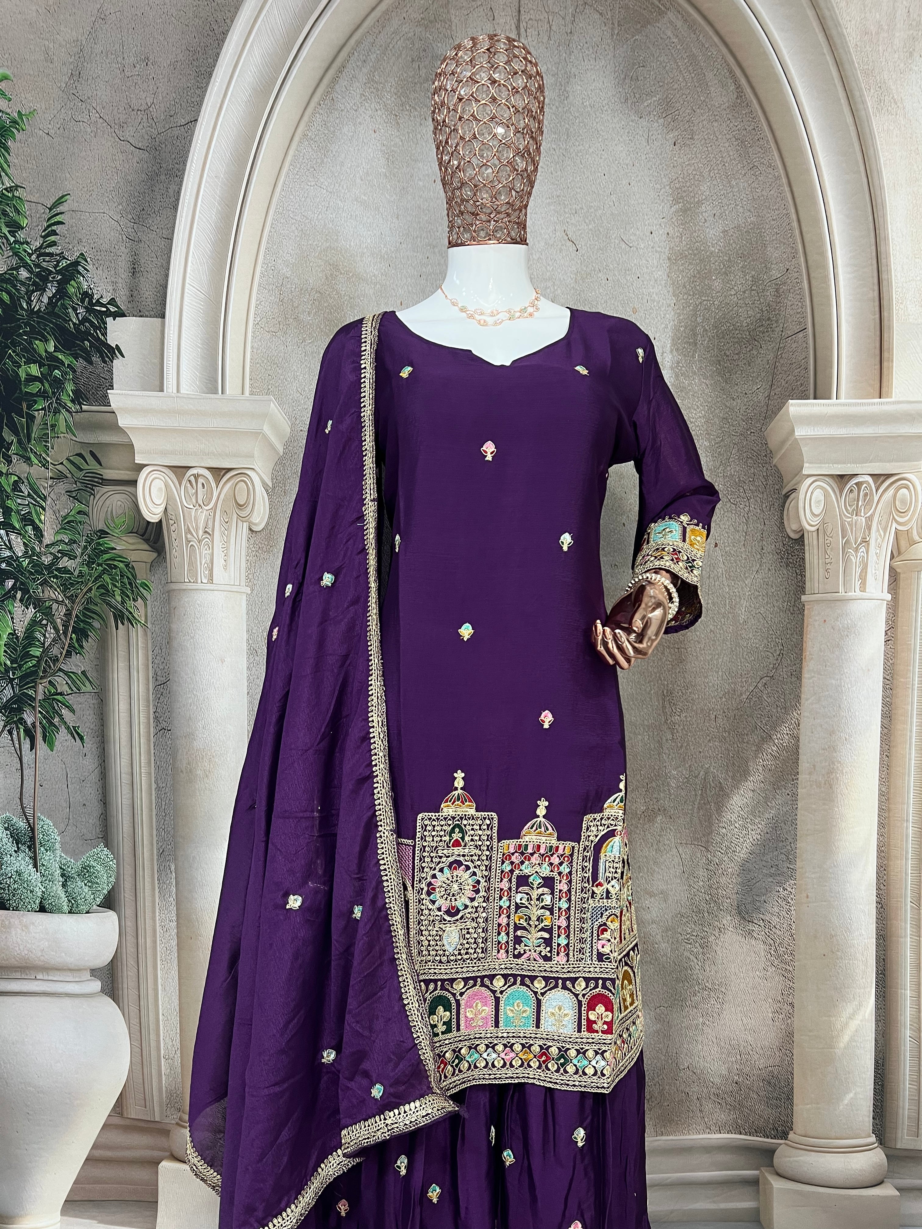 मल्टी नीडल सेक्विन कढ़ाई वर्क के साथ पार्टी वियर सूट सेट