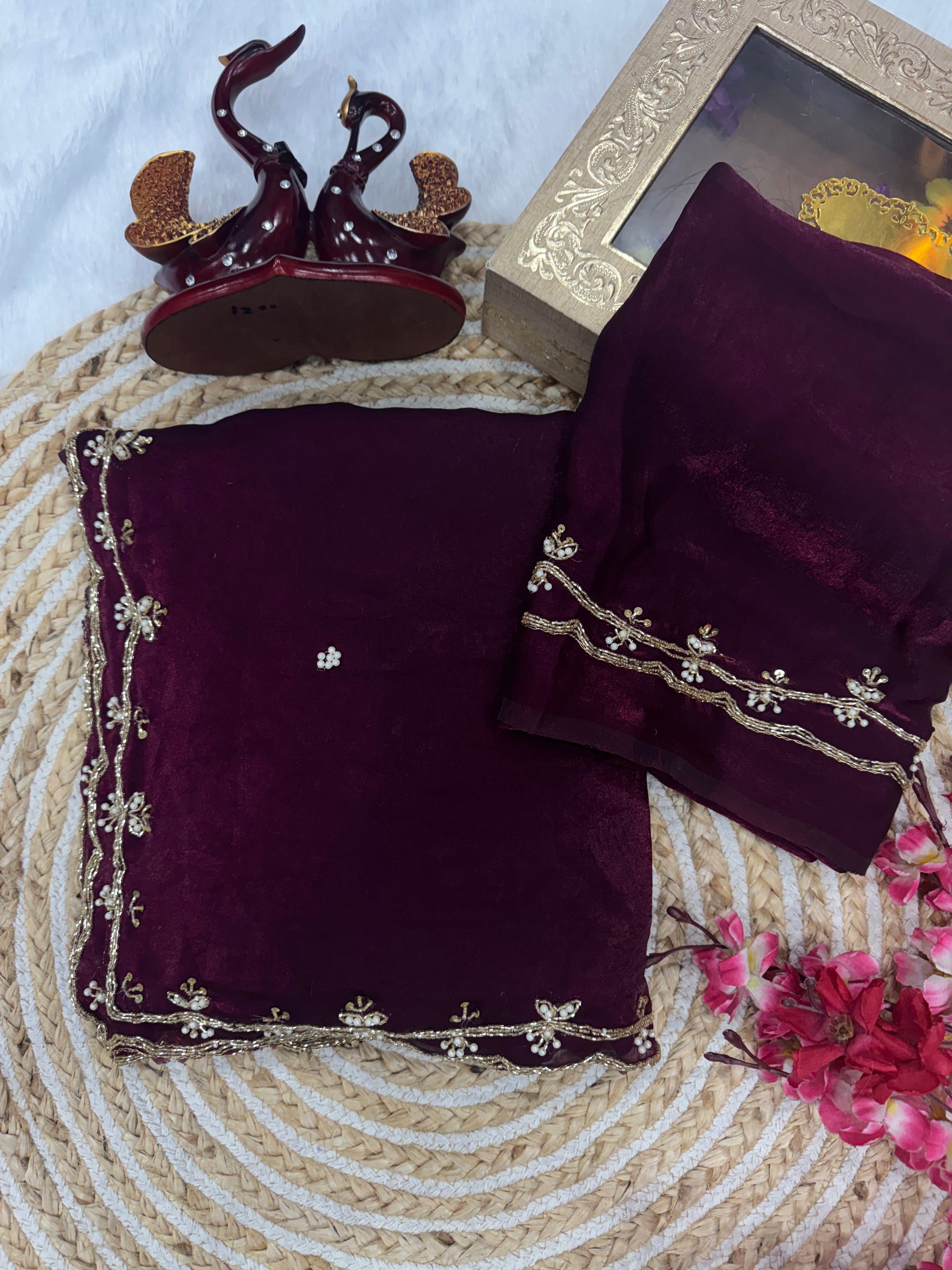 Beautiful Party Wear Saree With Pearls Handwork