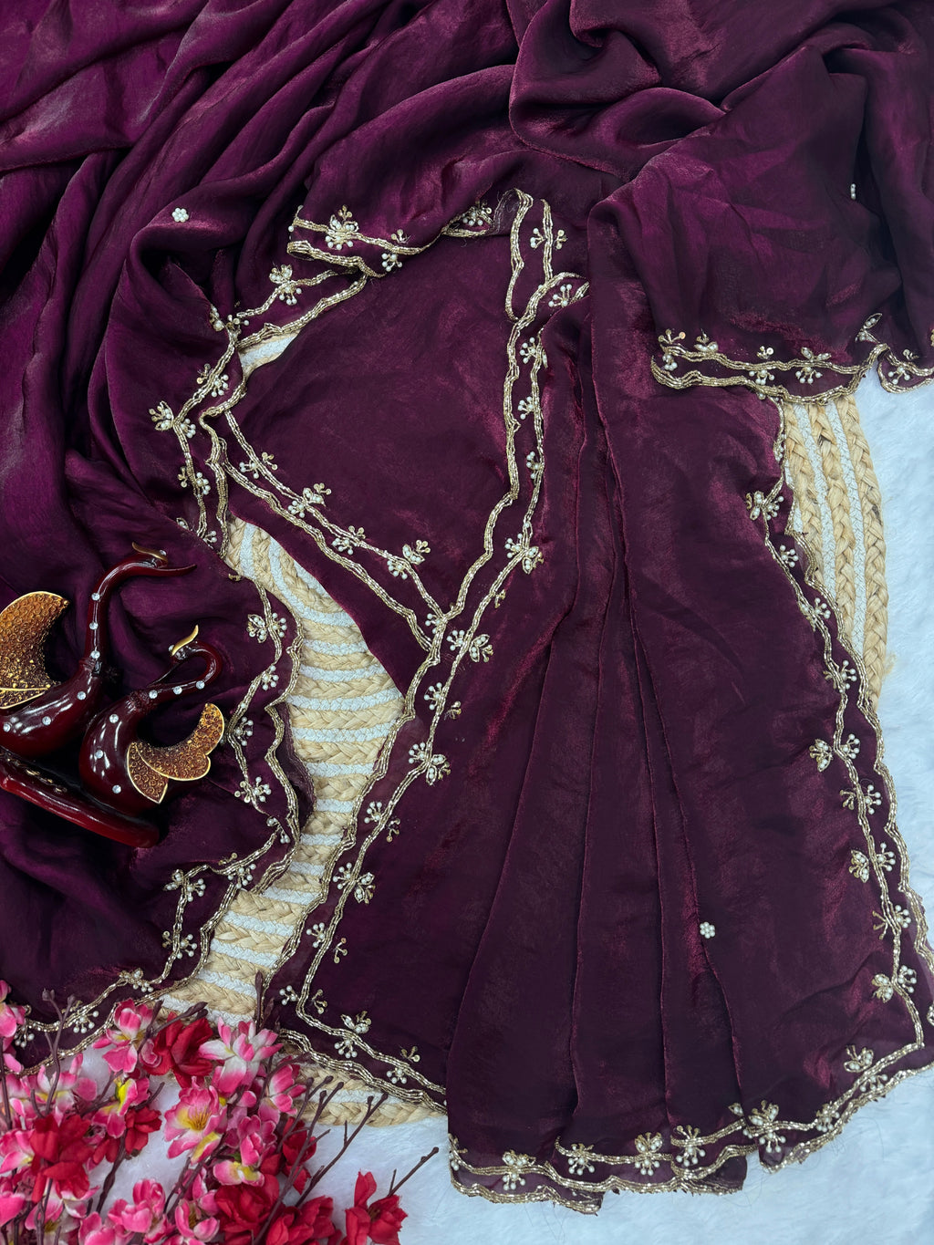Beautiful Party Wear Saree With Pearls Handwork