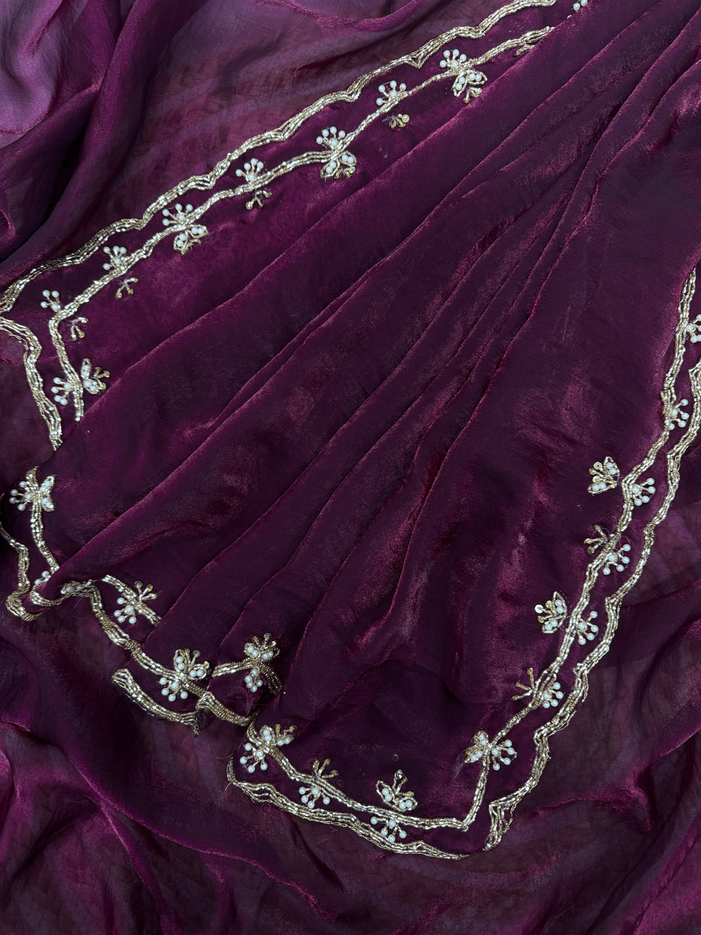 Beautiful Party Wear Saree With Pearls Handwork