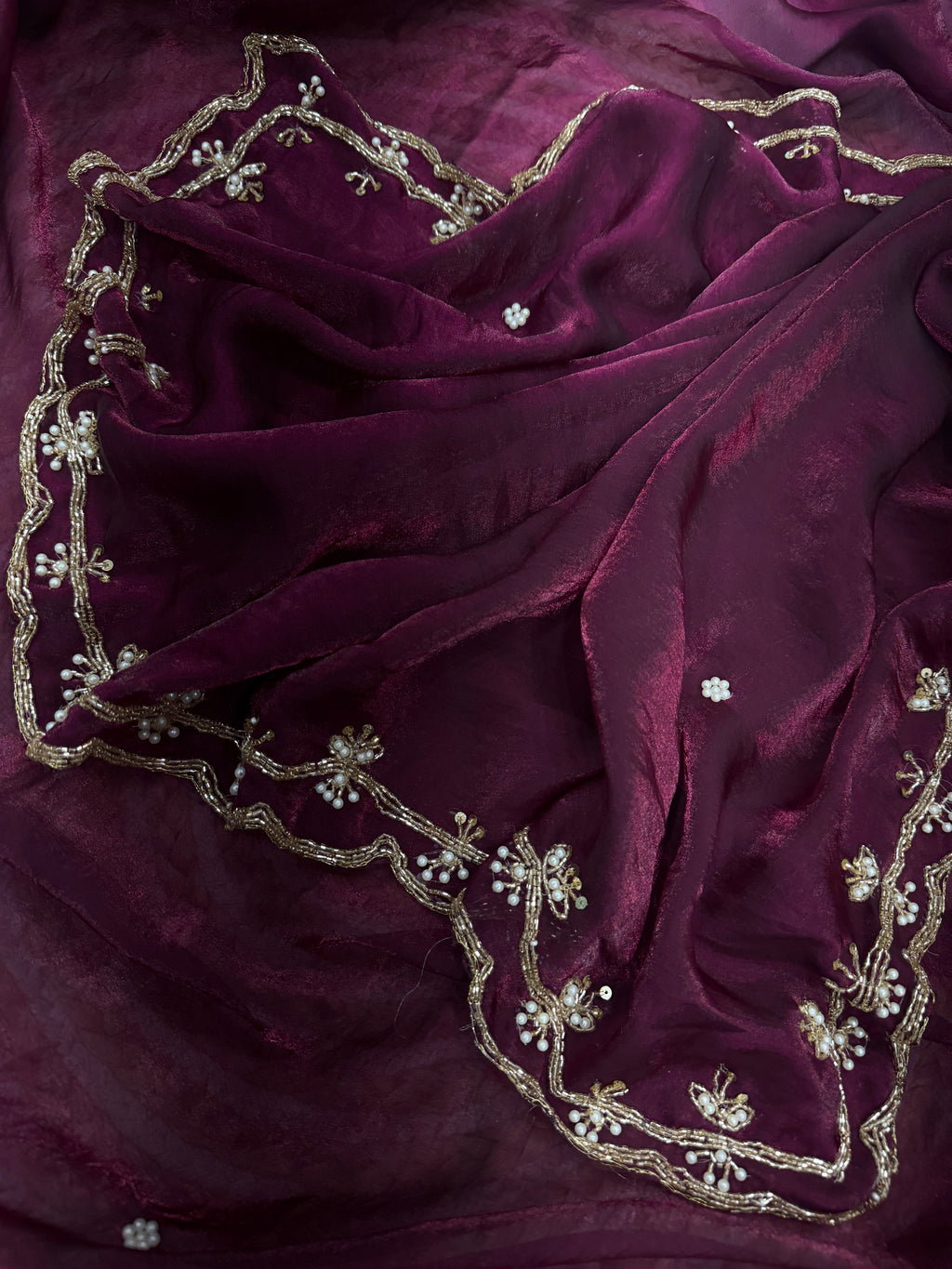 Beautiful Party Wear Saree With Pearls Handwork