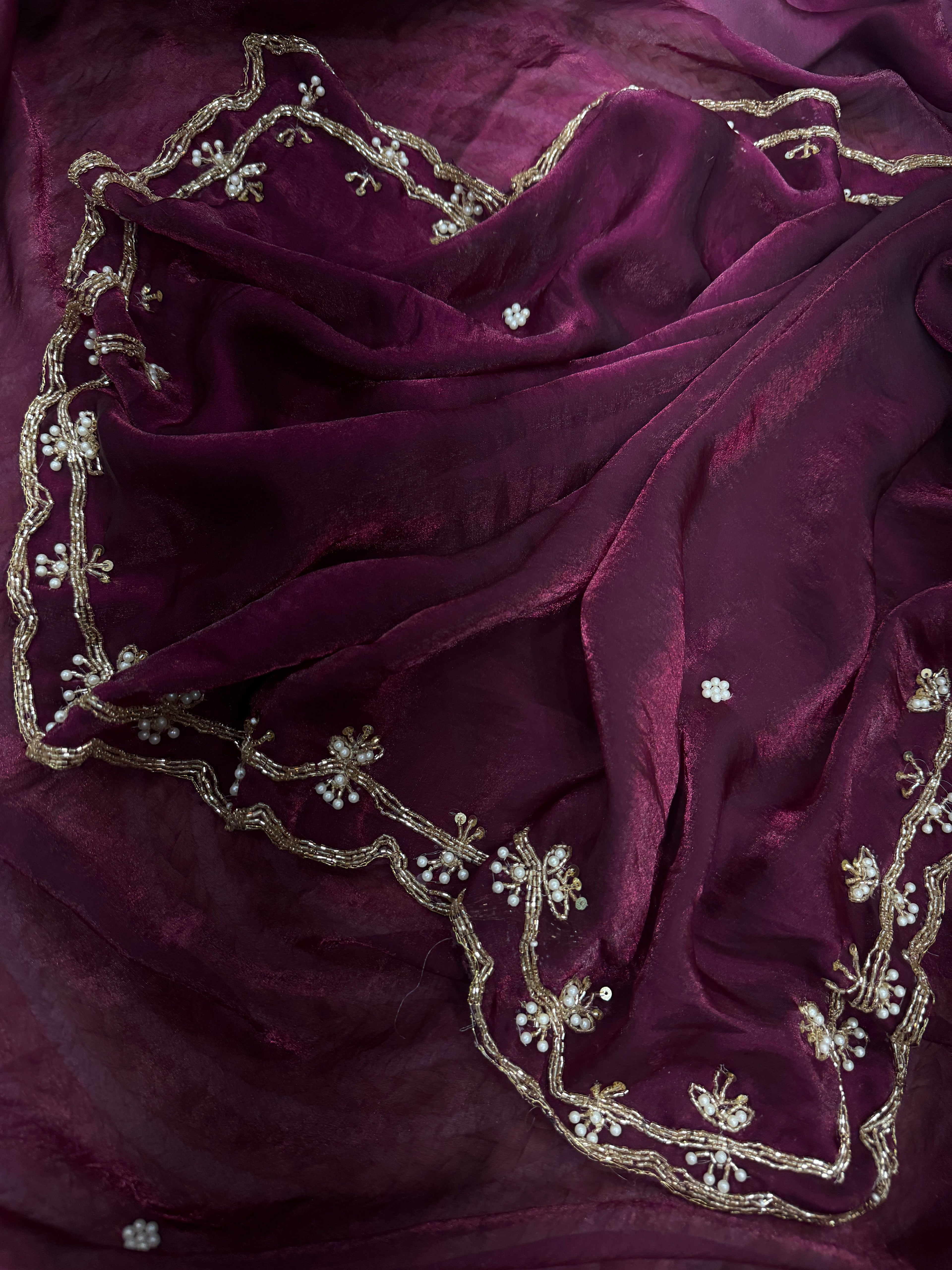 Beautiful Party Wear Saree With Pearls Handwork