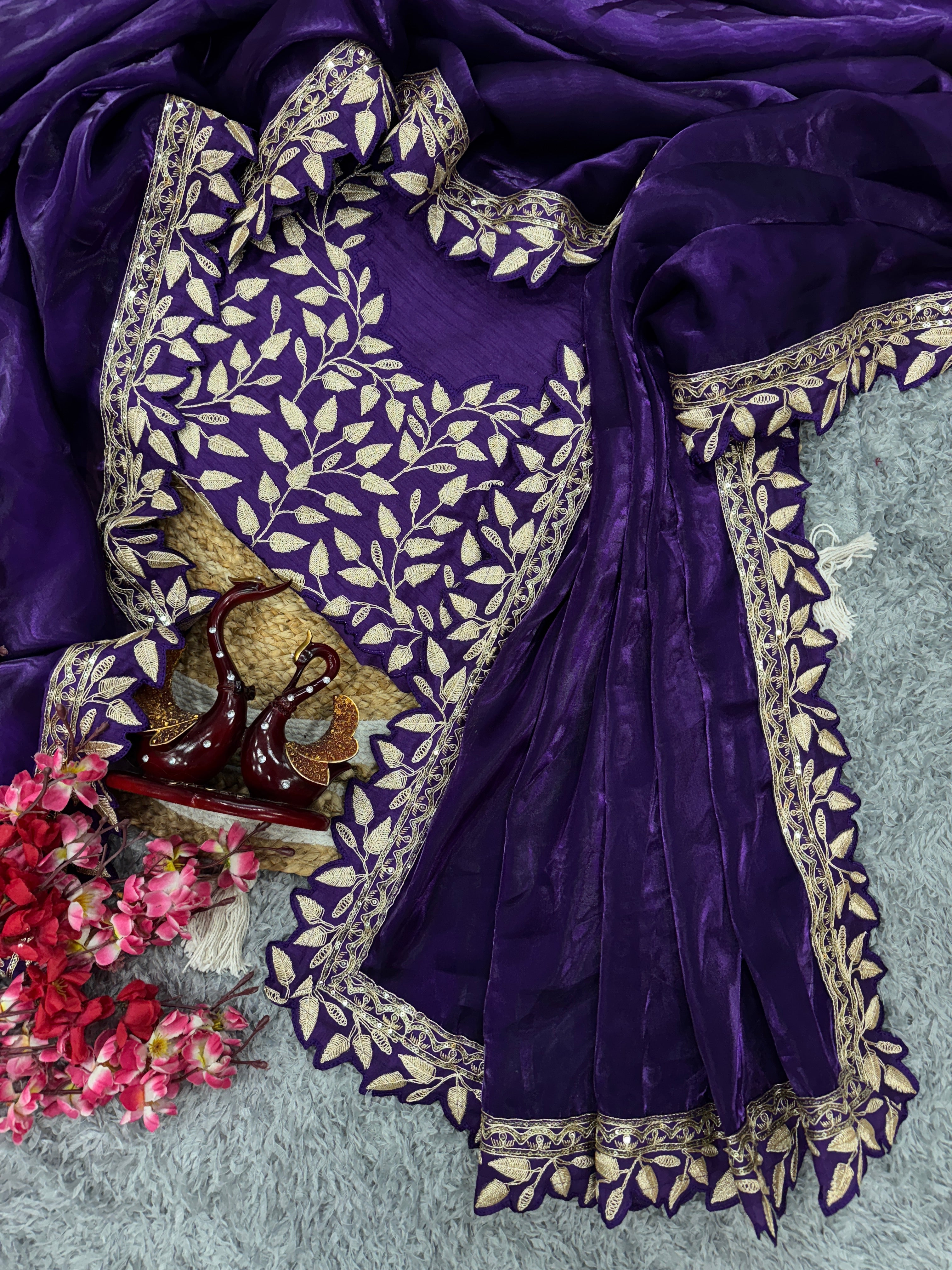 Designer Saree With Sequins Embroidery Work Lace Border