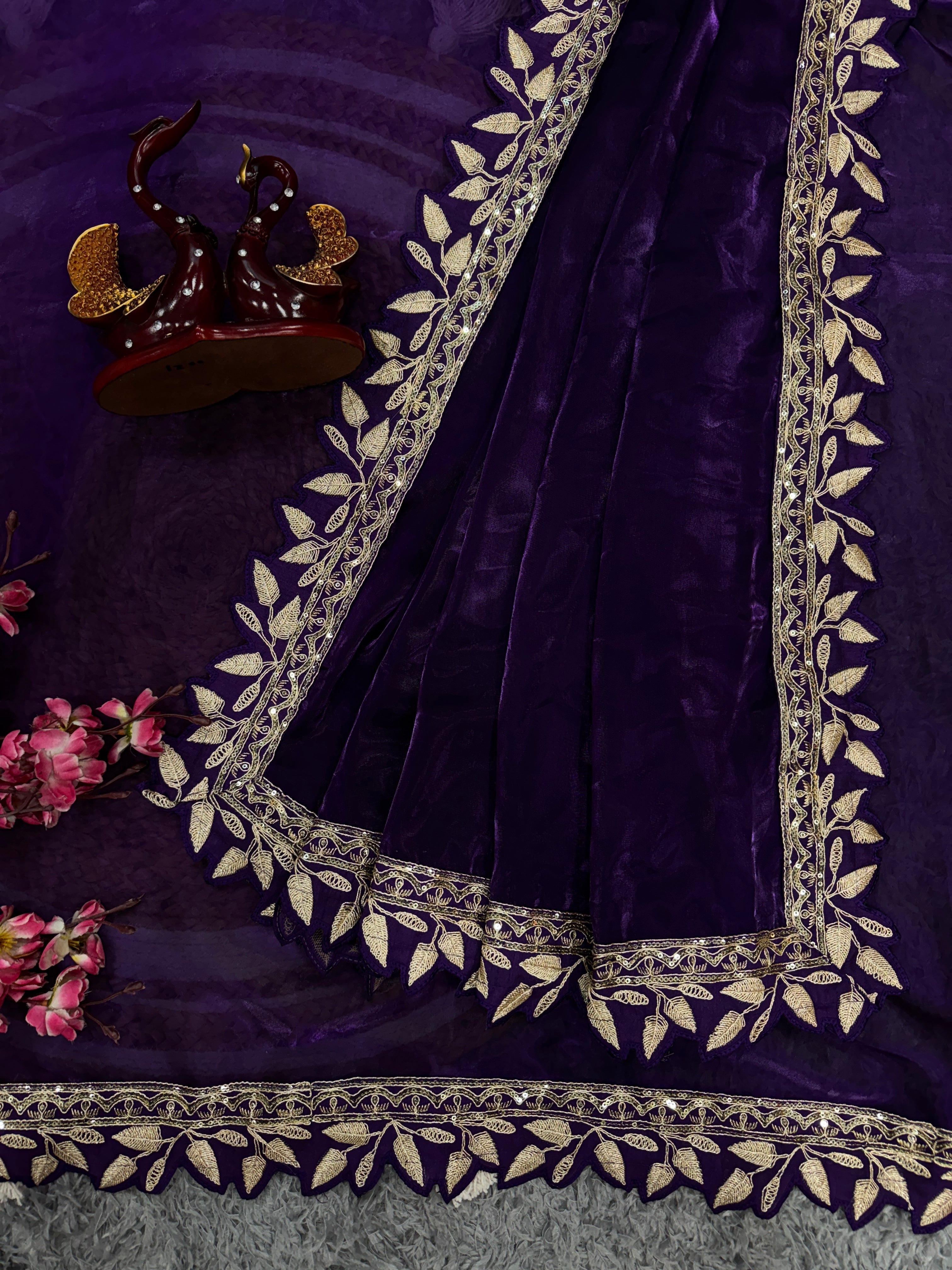Designer Saree With Sequins Embroidery Work Lace Border