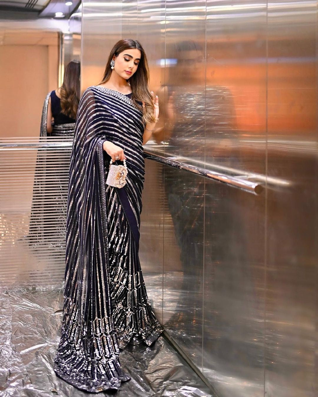 Party Wear Saree With Sequins Embroidery Work With Lace Border