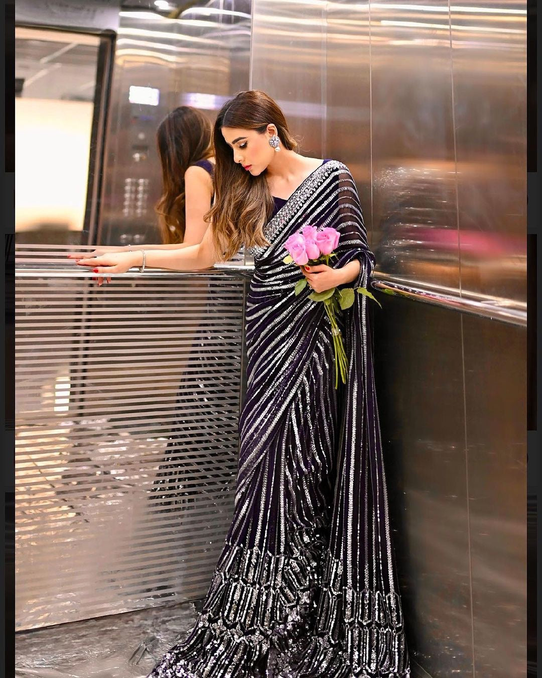 Party Wear Saree With Sequins Embroidery Work With Lace Border