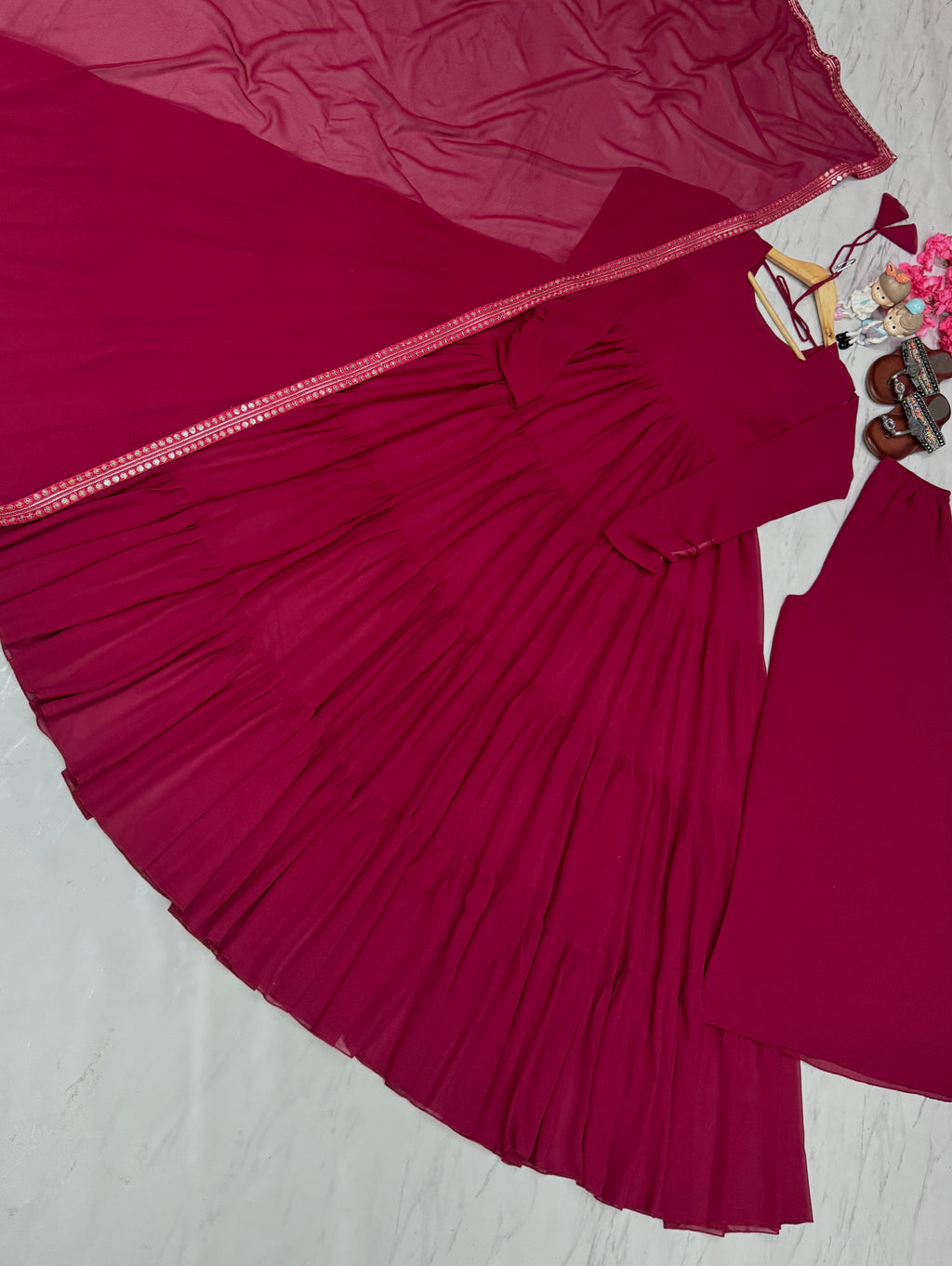 Designer Party Wear Look Fancy Ruffles Gown, Dupatta & Plazzo Set