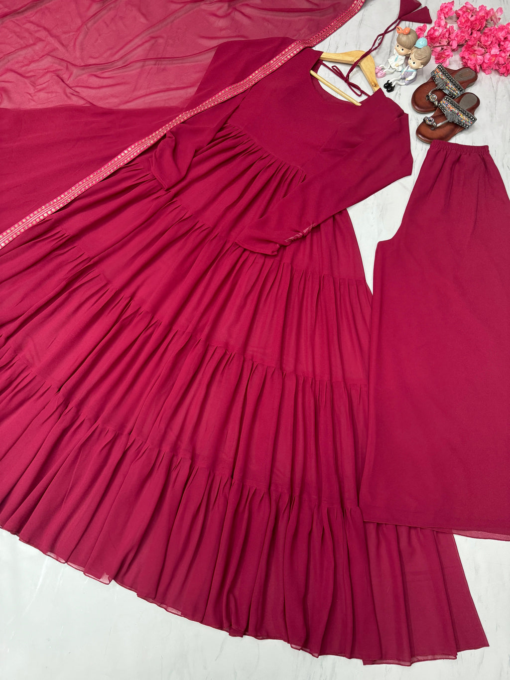 Designer Party Wear Look Fancy Ruffles Gown, Dupatta & Plazzo Set