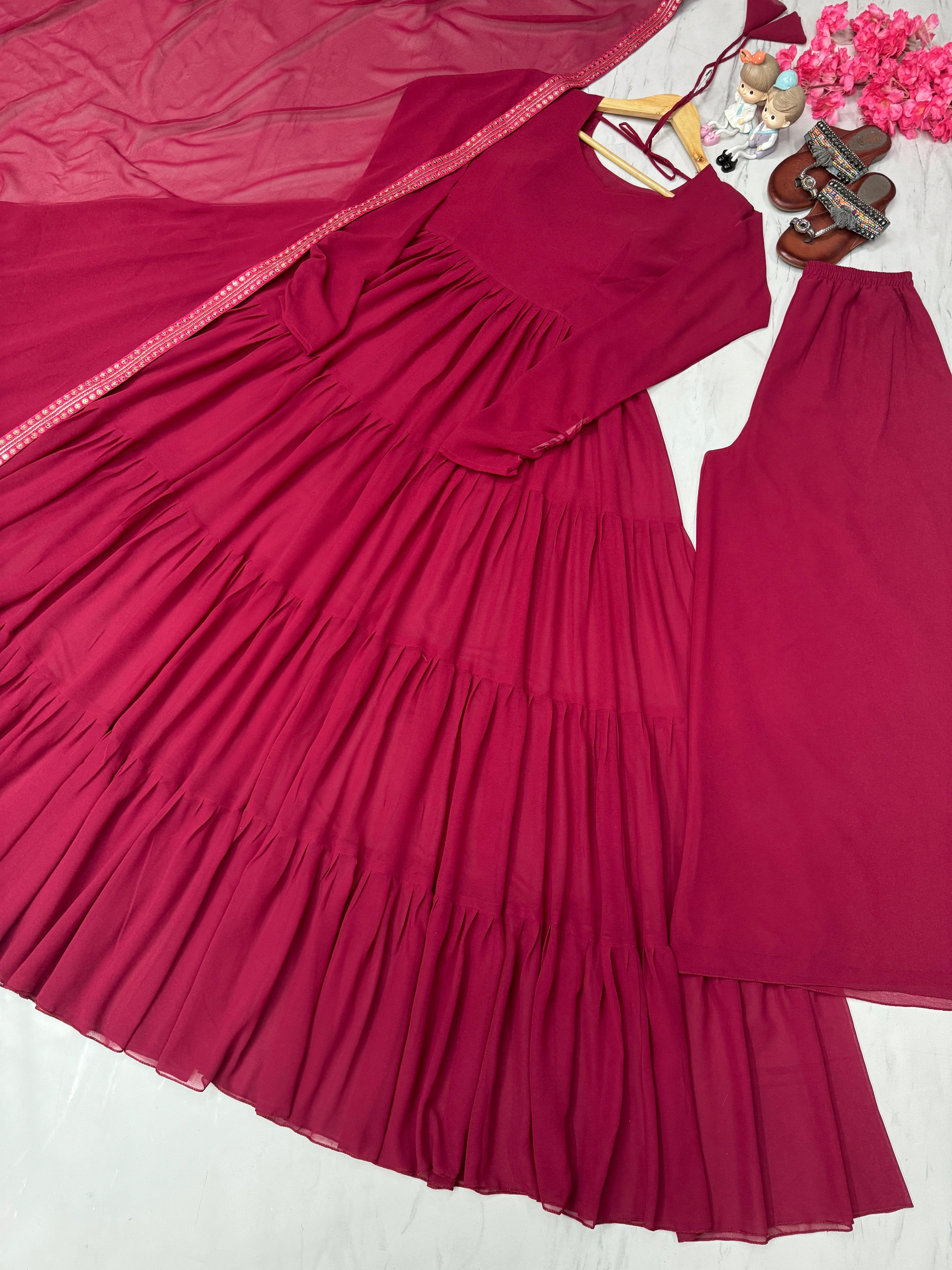 Designer Party Wear Look Fancy Ruffles Gown, Dupatta & Plazzo