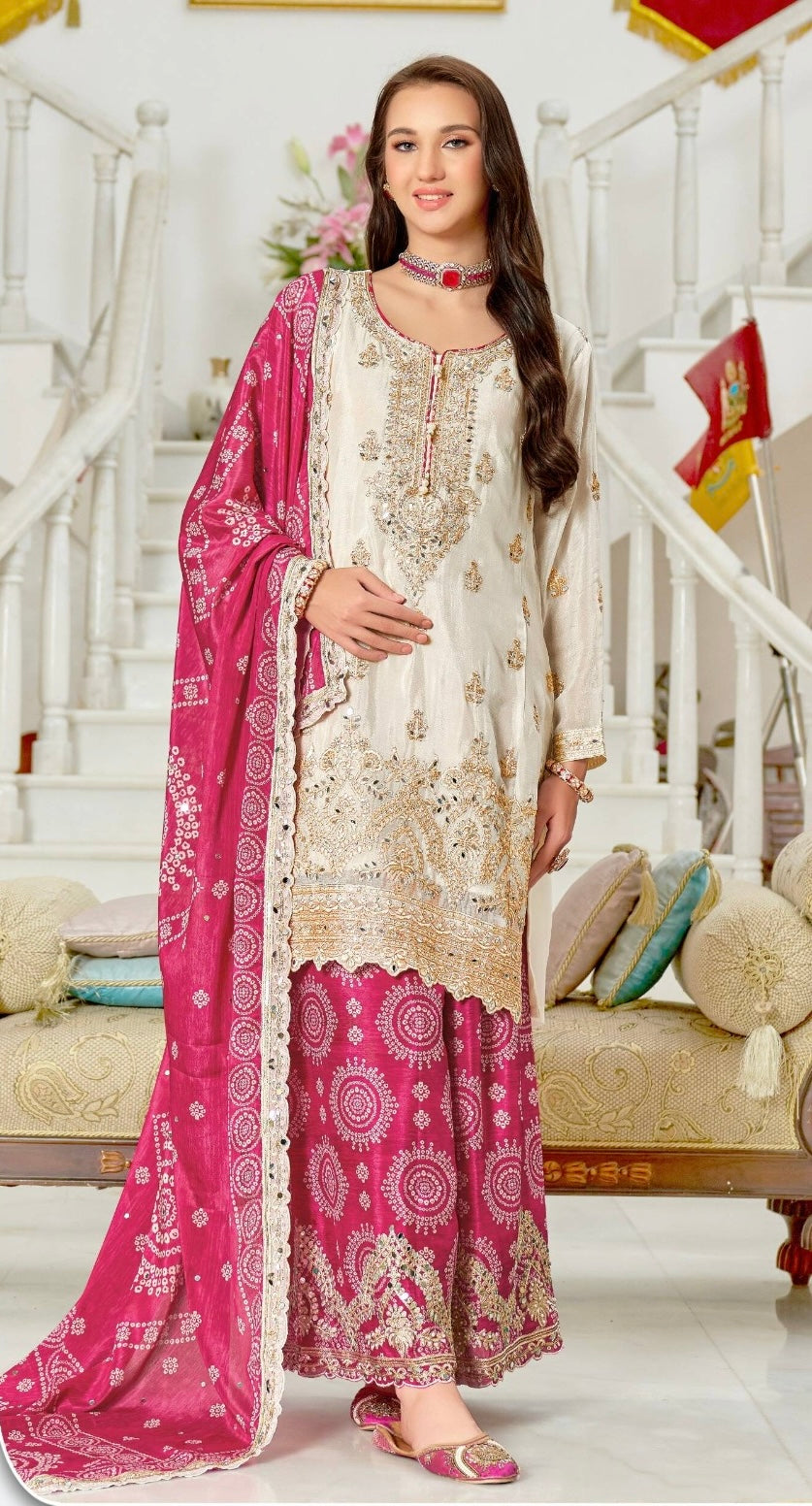 Beautiful Party Wear Top Sharara And Dupatta With Real Mirror Hand Work