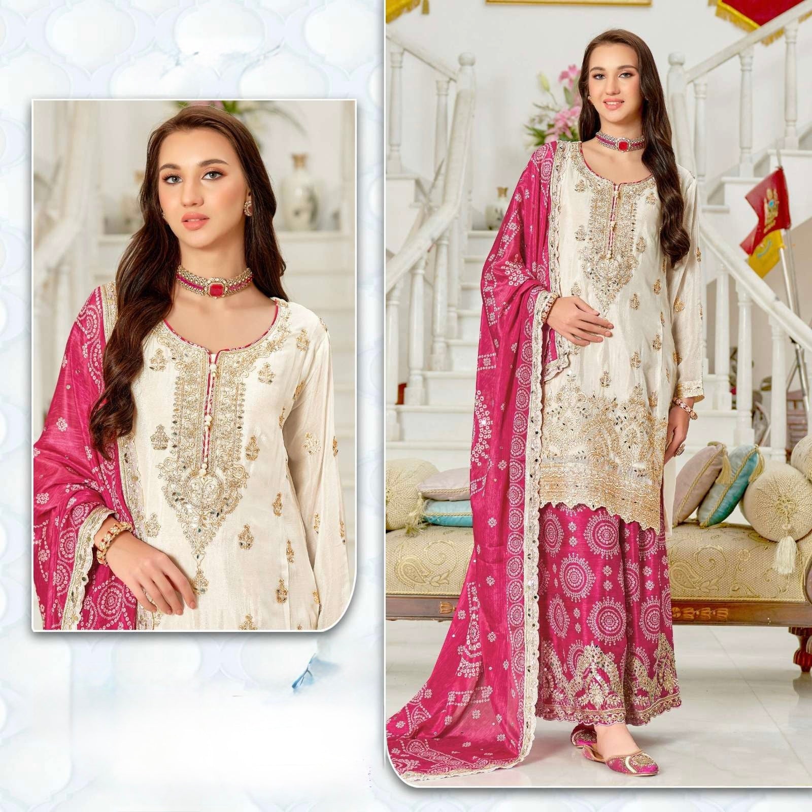 Beautiful Party Wear Top Sharara And Dupatta With Real Mirror Hand Work