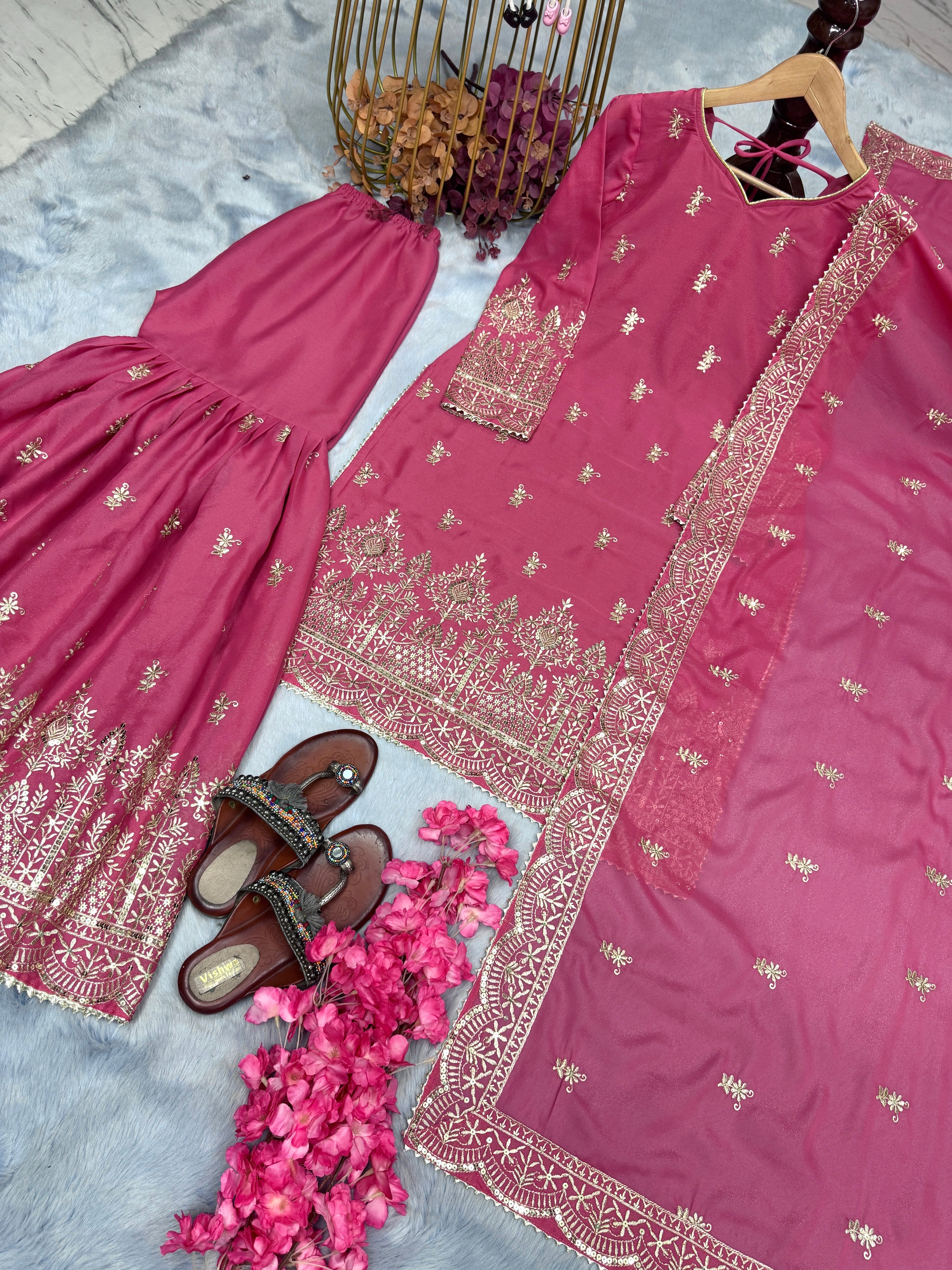 Party Wear Look Pure Heavy Simar Georgette Top Plazzo & Dupatta Set