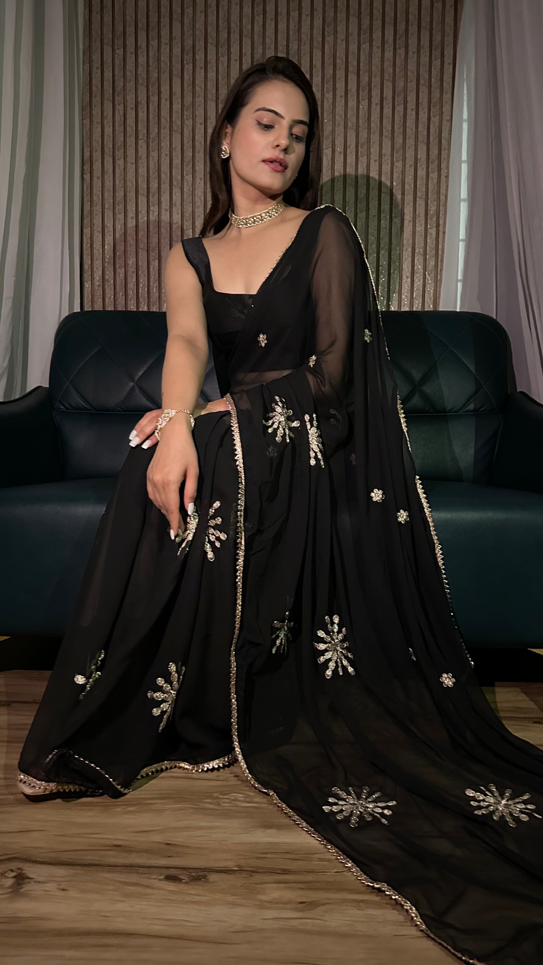 Party Wear Designer Saree  With Zari Embroidery Work