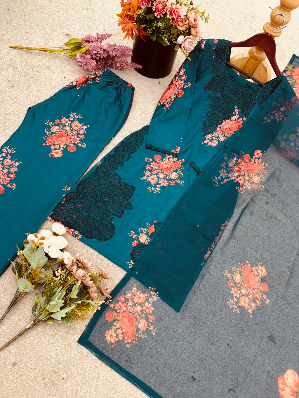 Beautiful Suit Set With Embroidered Work And Beautiful Digital Print Work