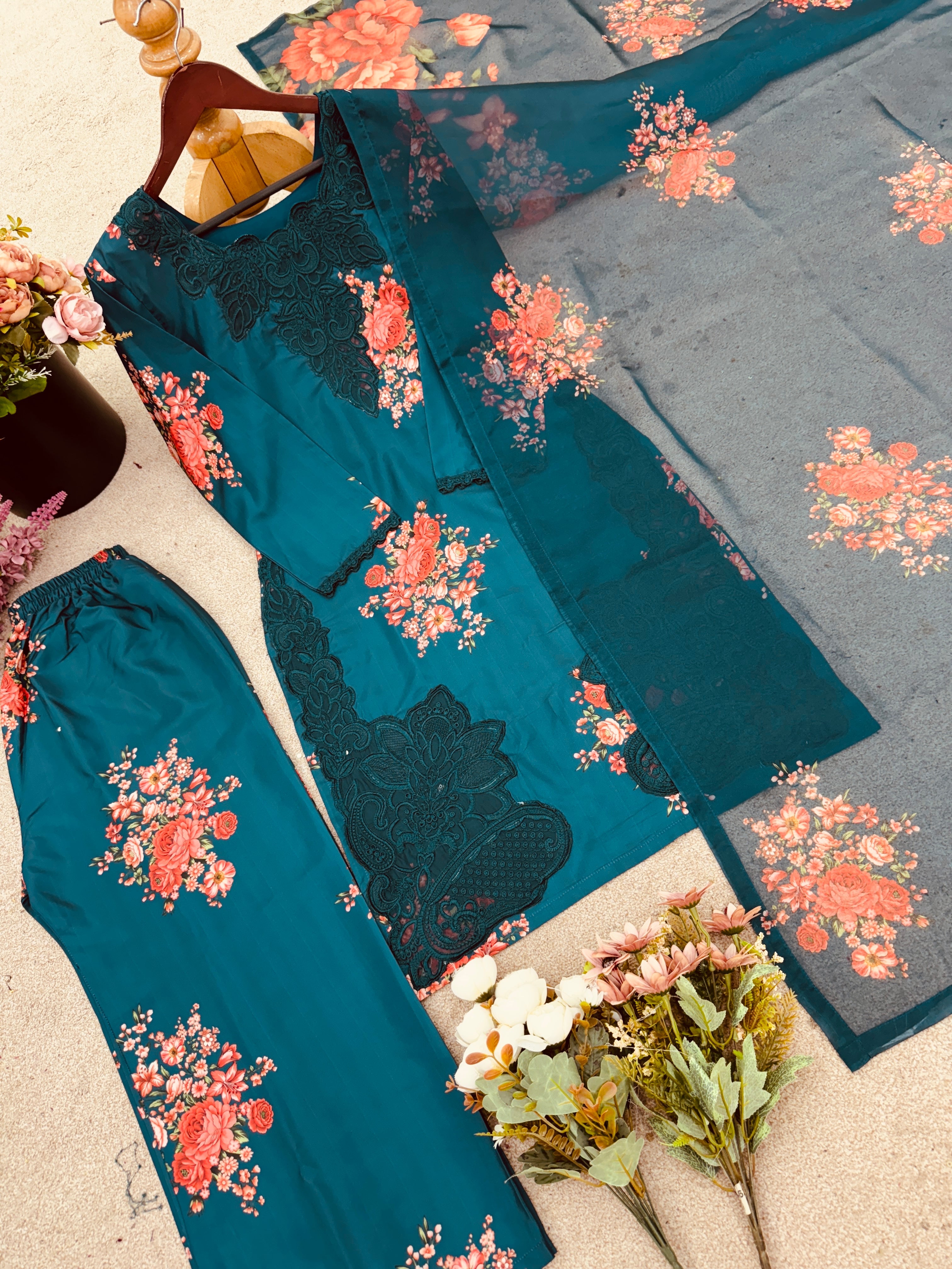 Beautiful Suit Set With Embroidered Work And Beautiful Digital Print Work