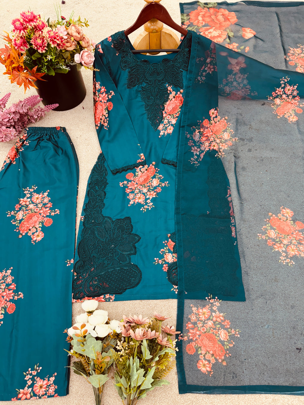 Beautiful Suit Set With Embroidered Work And Beautiful Digital Print Work
