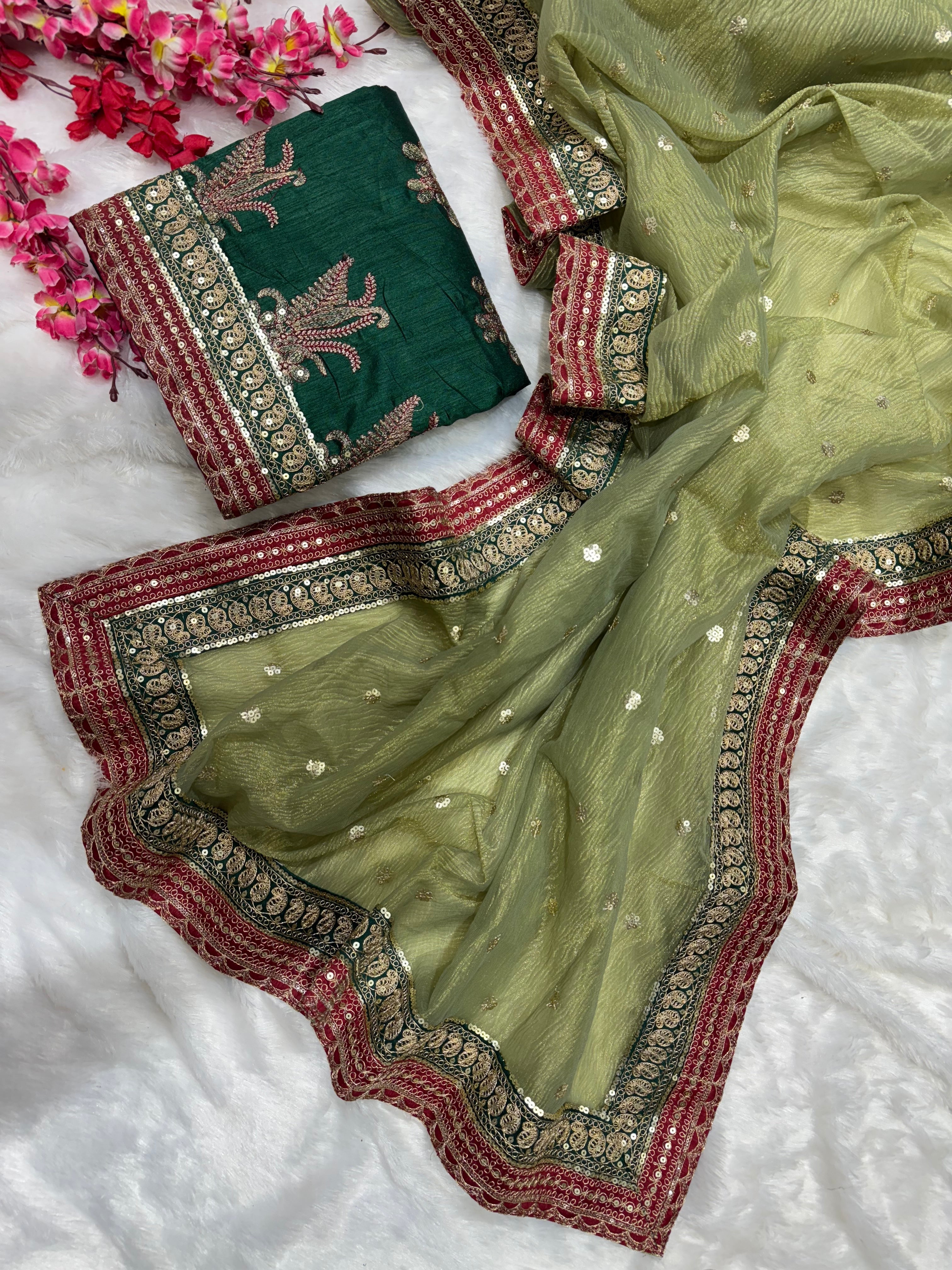 Designer Saree With Sequins And Cording Embroidery Work Lace Border