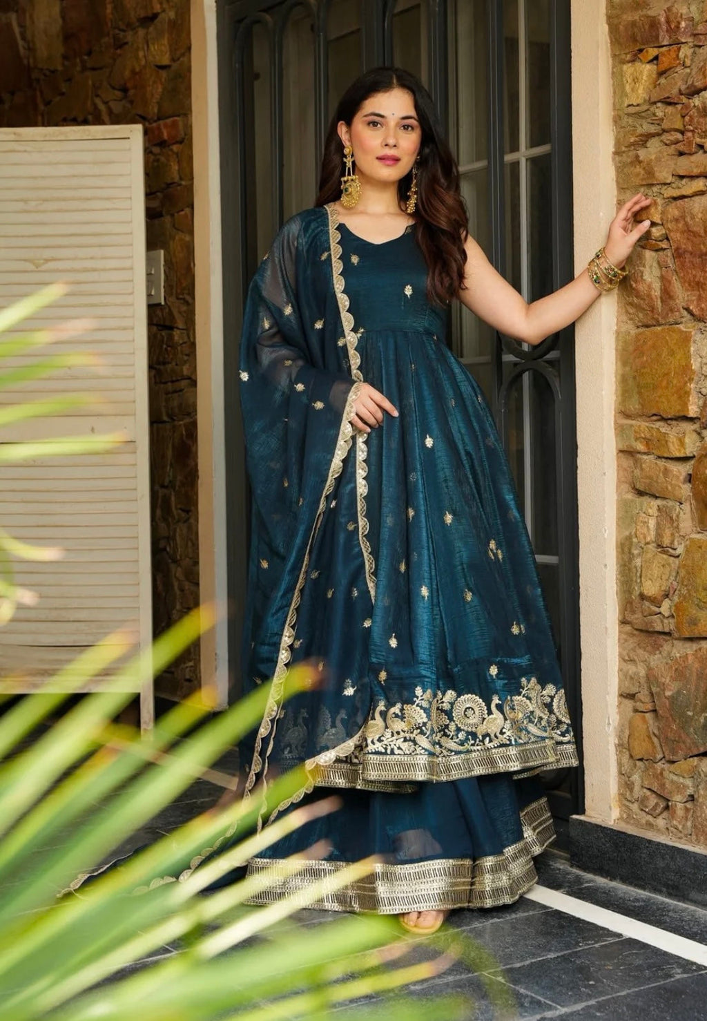 Designer Anarkali Gown, Bottom And Dupatta With Embroidered Sequence Work
