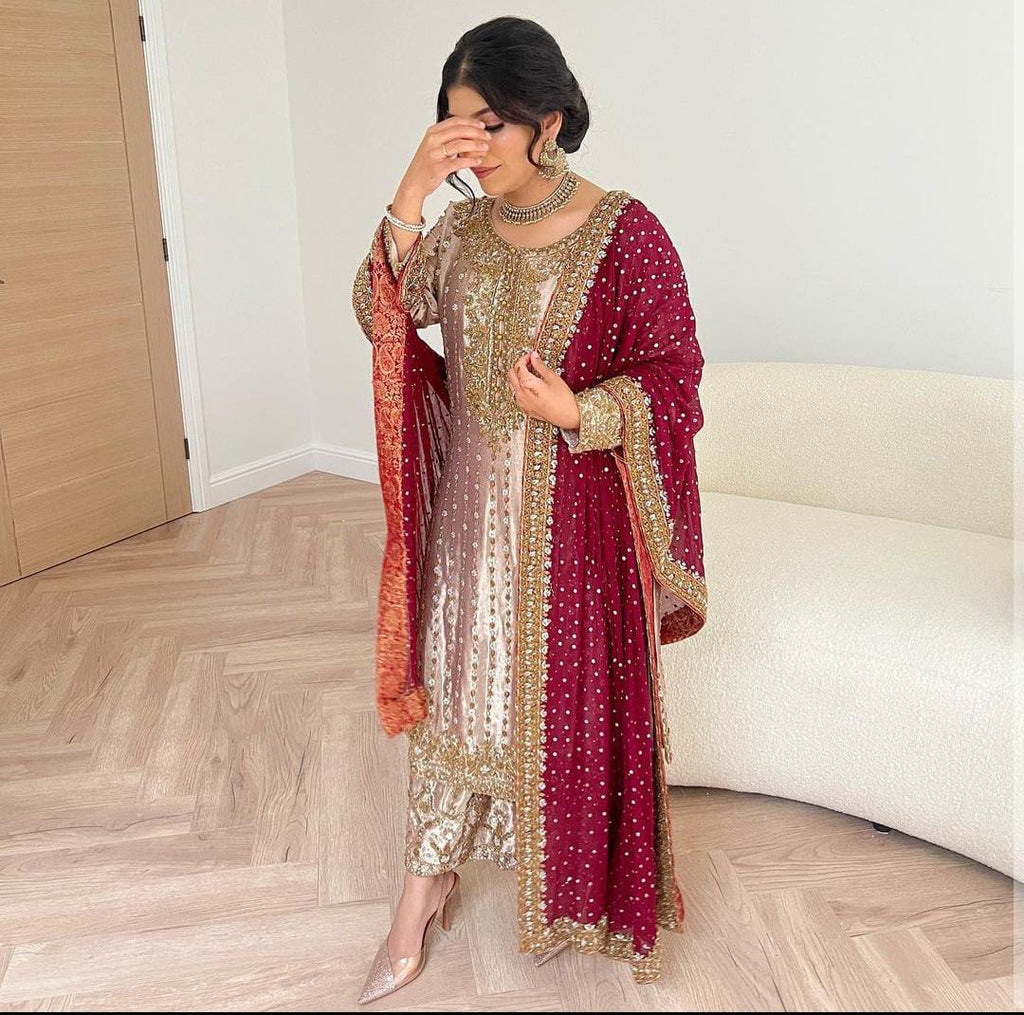 Beautiful Top - Plazzo & Dupatta With Embroidery With Sequins Work